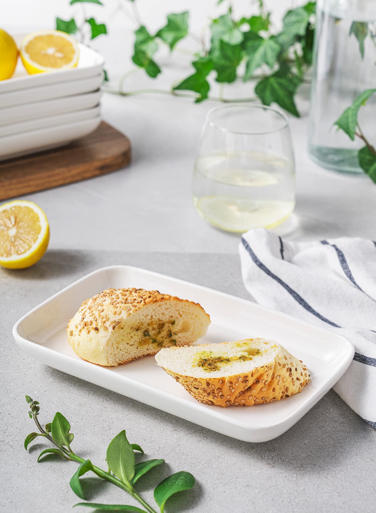 Sweese 8 Inch Rectangular Porcelain Salad Plates - Set of 6 Stackable White Serving Trays for Salad, Fruit, Sushi, Appetizers | Perfect for Dinner Parties, Picnics & Home Entertaining