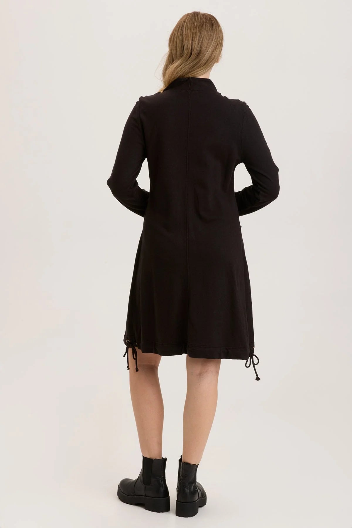 Women's Black Fleece Funnel Neck Long Coat - Winter Warm Outerwear for Casual & Outdoor Activities