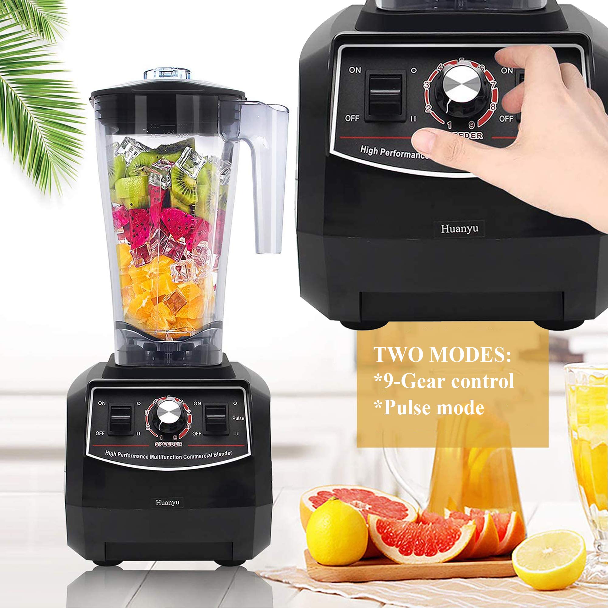 Huanyu 2200W Professional Countertop Blender - 100 oz Large Capacity, Variable Speed & Pulse Function - Perfect for Smoothies, Ice Crushing, Soup Making, Frozen Desserts - Ideal for Home & Commercial Use (220V Euro Plug, Black) - Great for Restaurants, Cafes & Healthy Kitchens