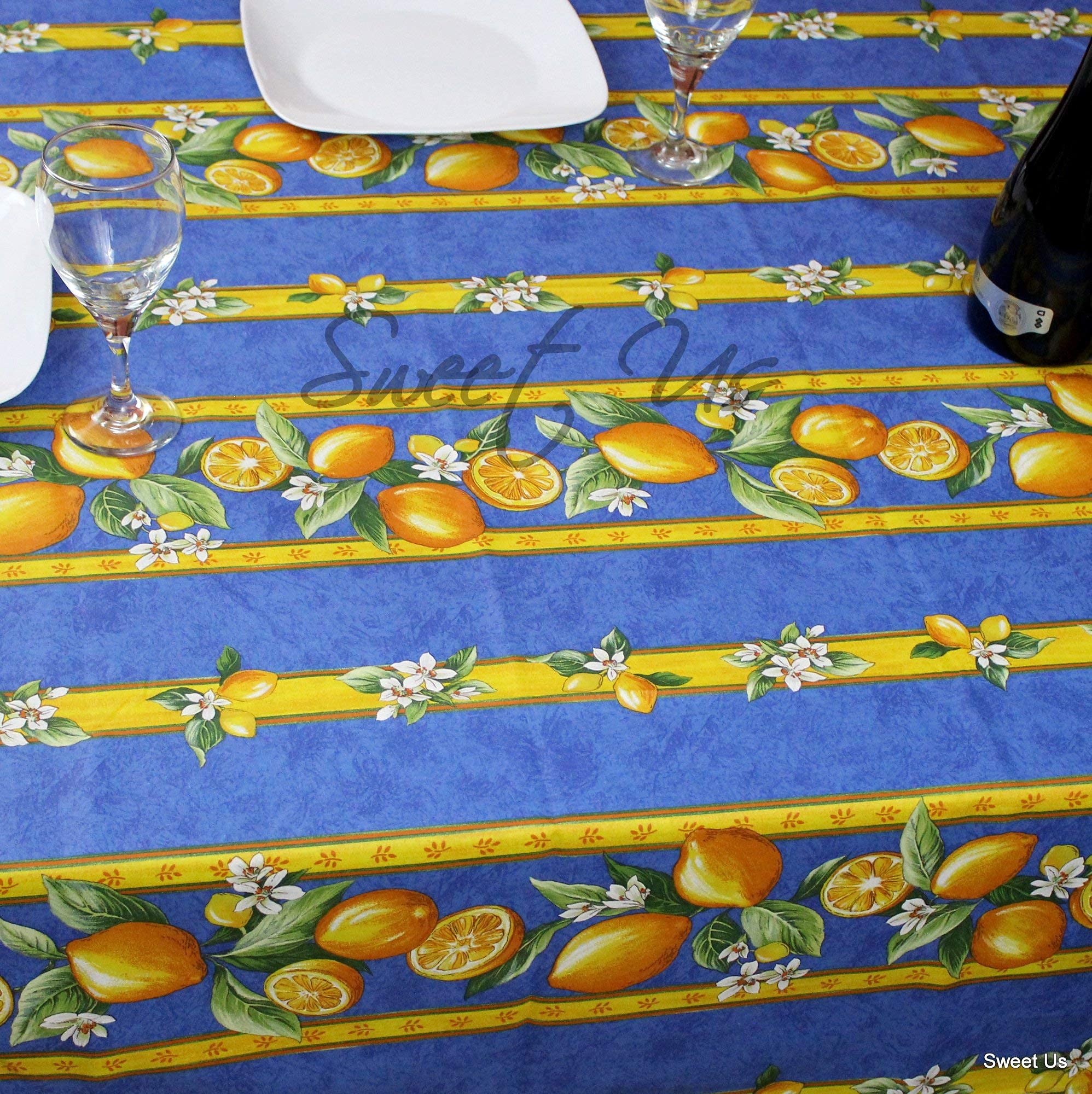 La Cigale Citron Wipeable Spill-Resistant Acrylic Coated Floral Cotton French Provencal Tablecloth - 60 x 116 Inch Blue - Perfect for Indoor Dining & Outdoor Picnics