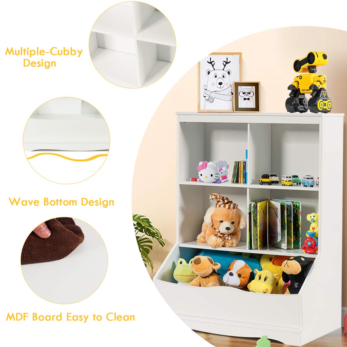Giantex 3-Tier Wooden Toy Organizer with 4 Storage Bins - Kids Room Storage Cabinet for Books, Toys & Collections - White - Perfect for Nursery, Playroom & Classroom Organization