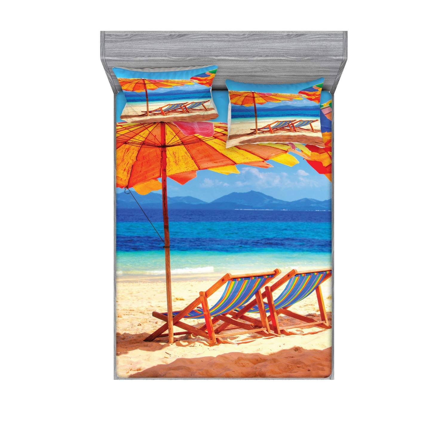 Ambesonne 3-Piece Seaside Bedding Set - Queen Size Fitted Sheet & Pillow Shams with Tropical Beach Print, Orange & Blue Coastal Decor | Perfect for Beach House, Vacation Rental or Tropical-Themed Bedroom Decor