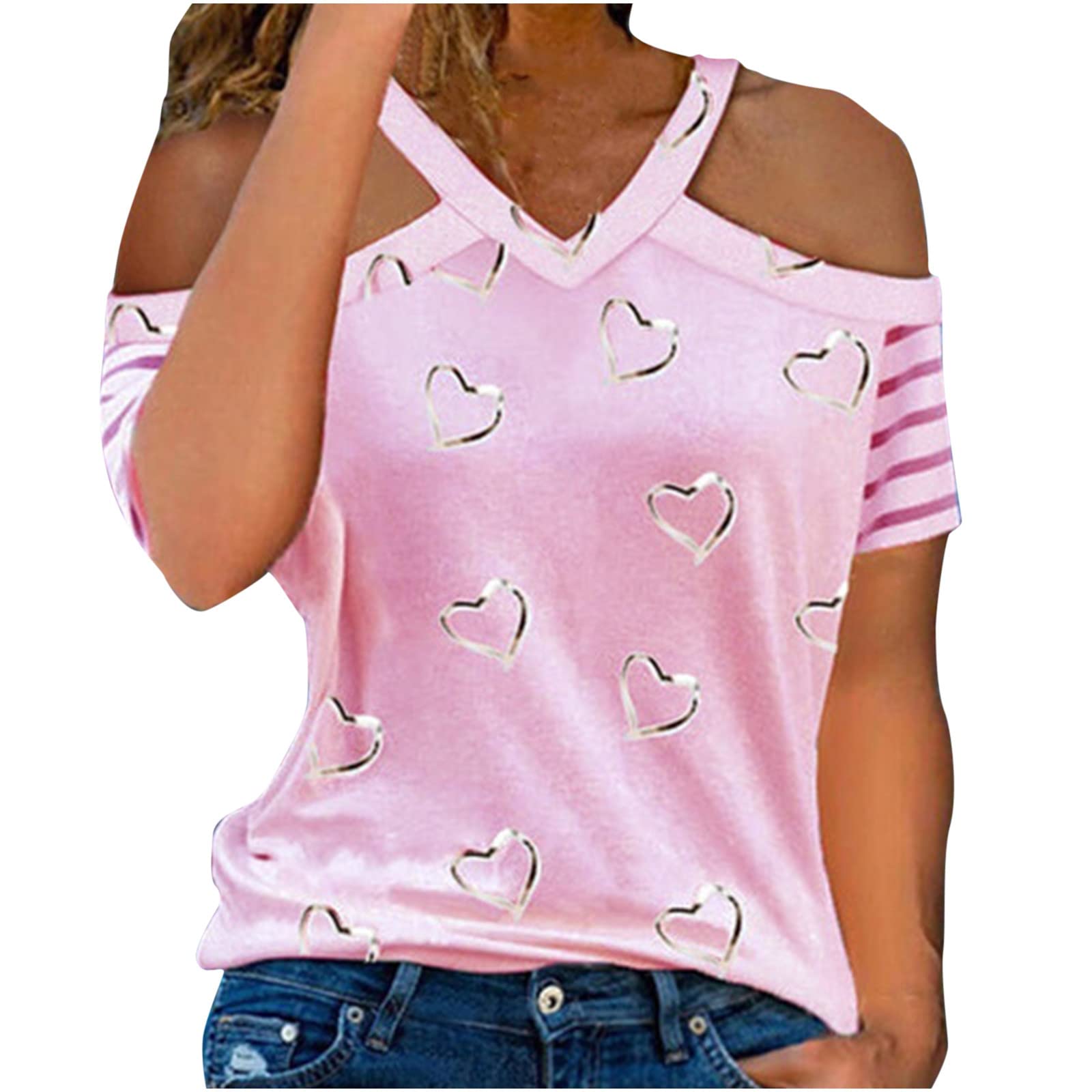Women's Cute Summer Cold Shoulder Tops - Heart Print V-Neck Sleeveless Tank Tops & Blouses | Casual Wear, Beach Outfits, Date Night Dresses