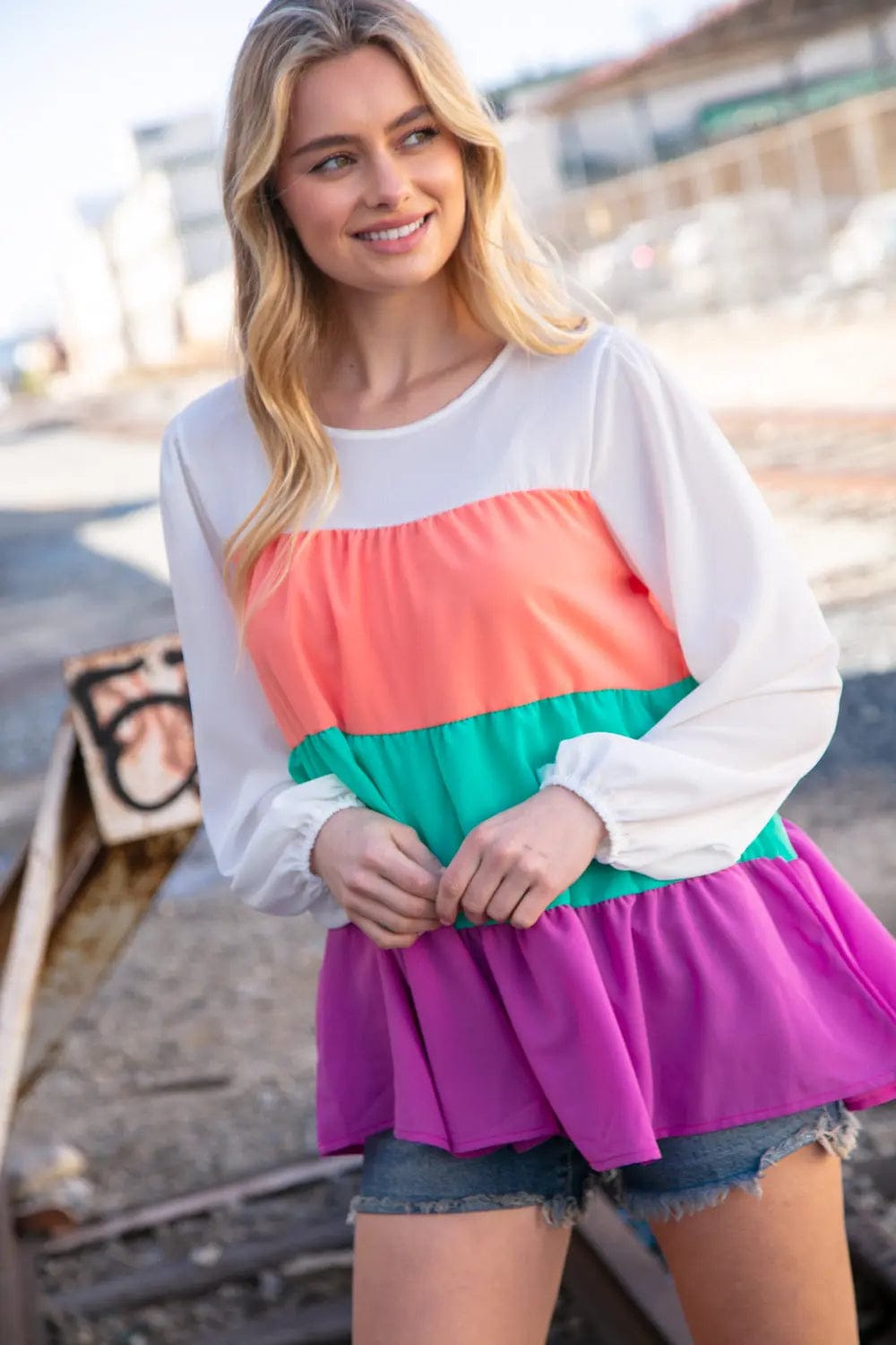 Ivory & Peach Woven Crepe Tiered Blouse for Women - Elegant Flowy Boho Top for Casual Outings & Date Nights