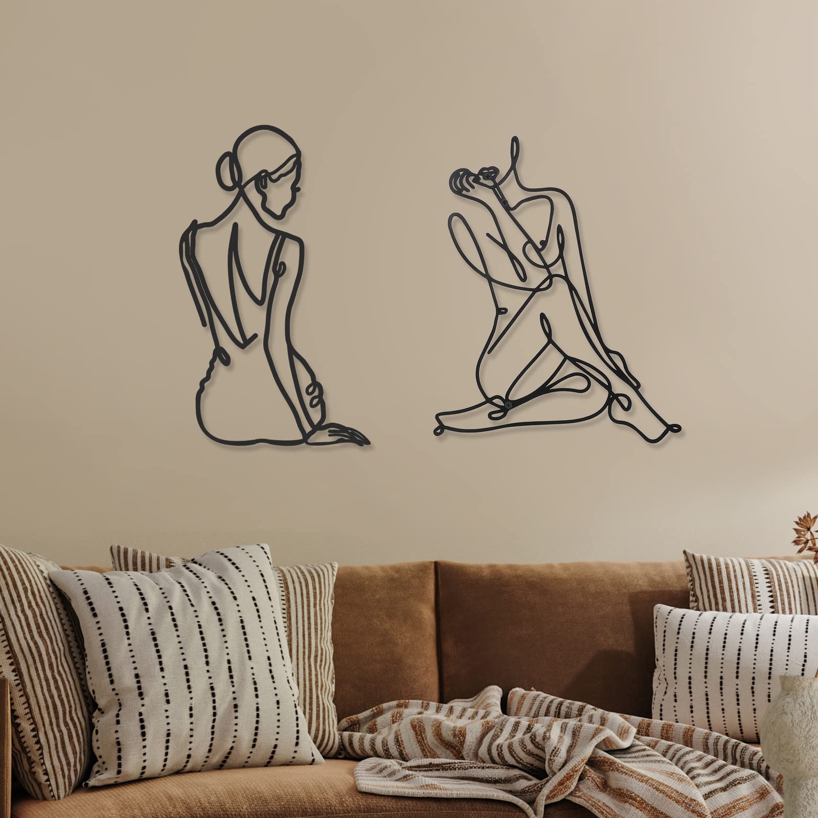 2 Pcs Minimalist Metal Wall Art - Abstract Single Line Woman Silhouette Decor for Bedroom, Living Room, Kitchen & Bathroom | Modern Home Decor for Housewarming, Wedding Gift & Apartment Aesthetic (Elegant Style)