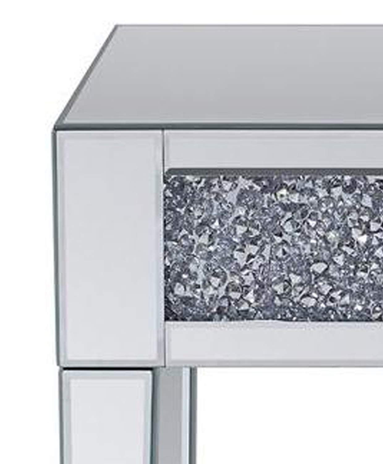 Benjara Wood and Mirror End Table with Faux Crystals Inlay - Clear Glass Accent Table for Living Room, Bedroom & Entryway Decor