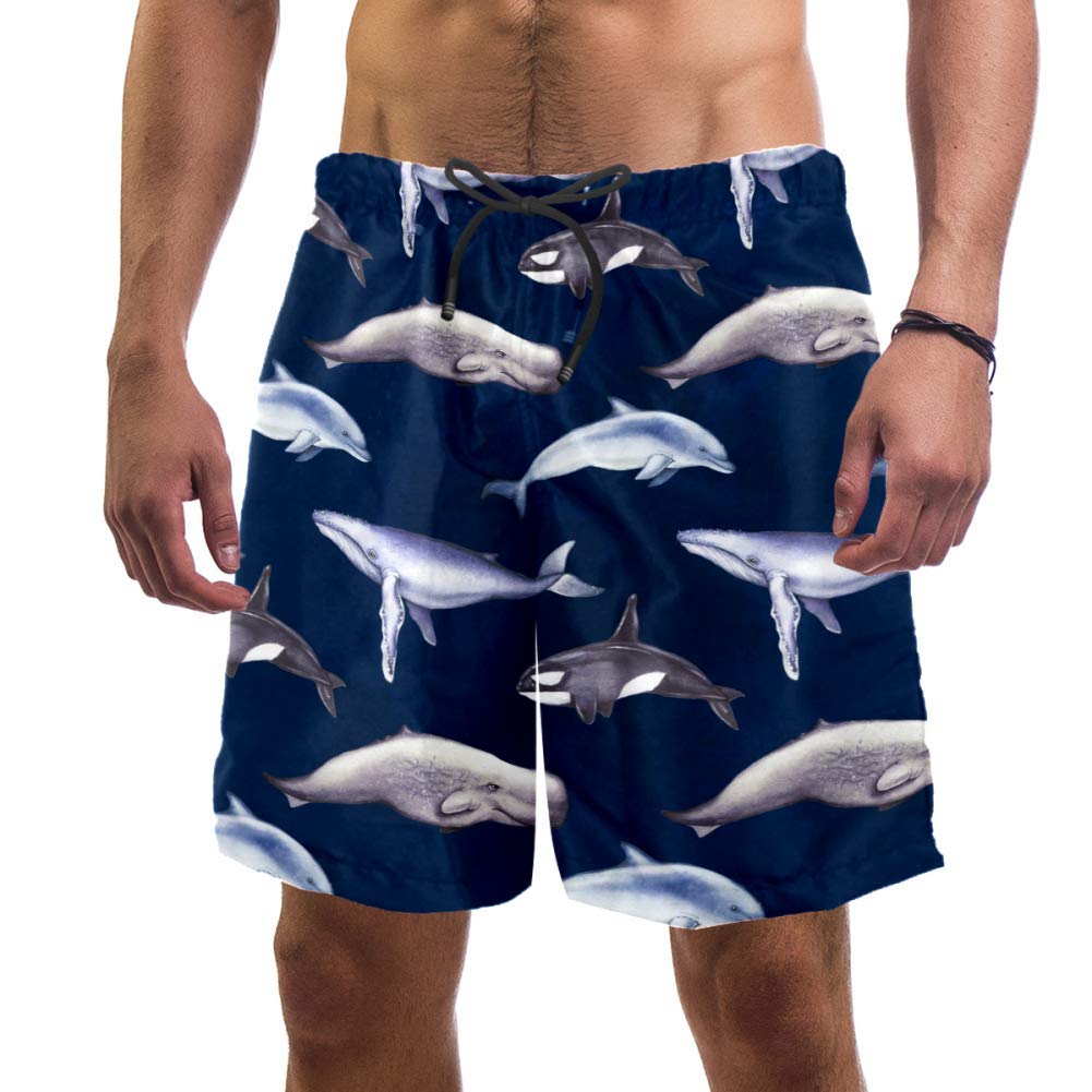 Men's Killer Whale & Dolphin Print Swim Trunks - Elastic Waist Quick-Dry Board Shorts for Beach, Pool & Water Sports