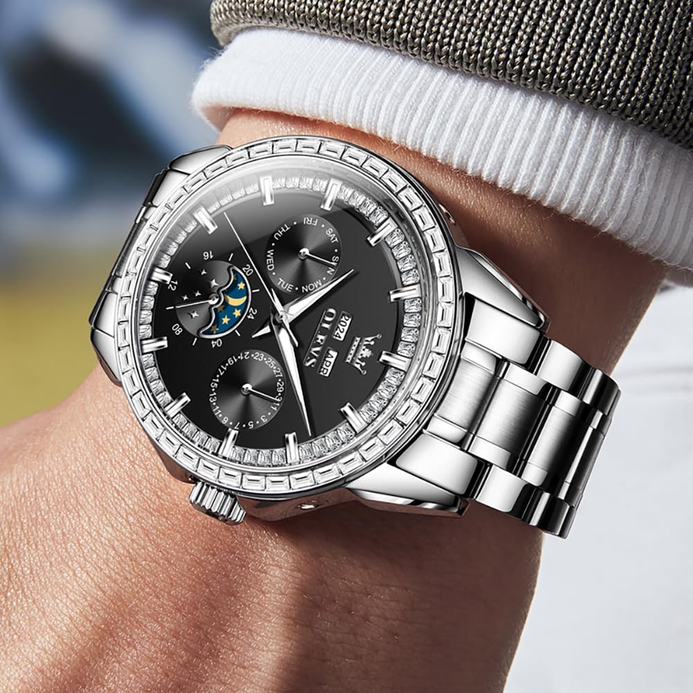 OLEVS Luxury Men's Automatic Self-Winding Watch - Diamond Accent Stainless Steel Multi-Function Calendar Watch with Waterproof & Luminous Features | Perfect for Business, Formal Events & Everyday Wear