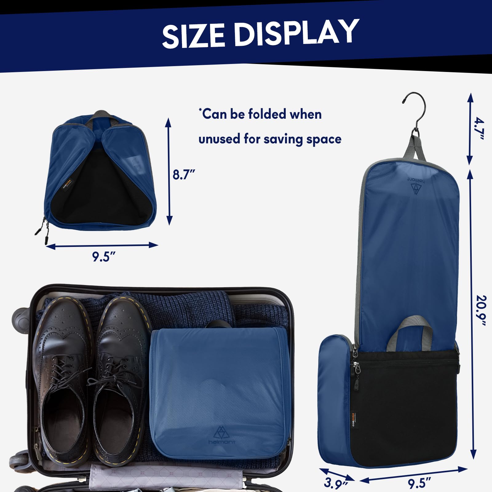 Haimont Travel Toiletry Bag with Mirror - Water-Resistant Nylon Hanging Organizer for Makeup & Toiletries | Perfect for Camping, Business Trips & Light Travel Accessories (Blue)