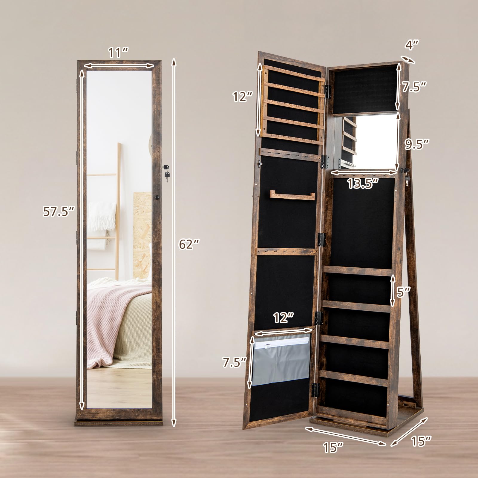 COSTWAY Standing Jewelry Cabinet with Full-Length Mirror - Large Capacity Jewelry Organizer with Lockable Doors & Rear Storage Shelves, Rustic Brown Jewelry Armoire for Women & Girls - Perfect for Bedroom, Closet & Dressing Room Organization
