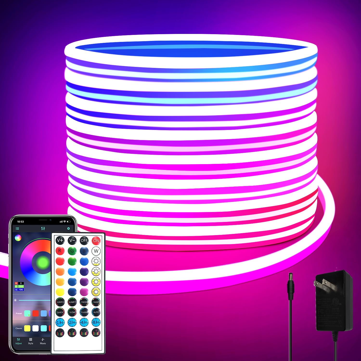 32.8ft LED Neon Strip Lights with Remote & APP Control, IP65 Waterproof RGB Rope Lights for Indoor/Outdoor Decor - Perfect for Bedroom, Party, Bar, Wedding, and Garden Lighting
