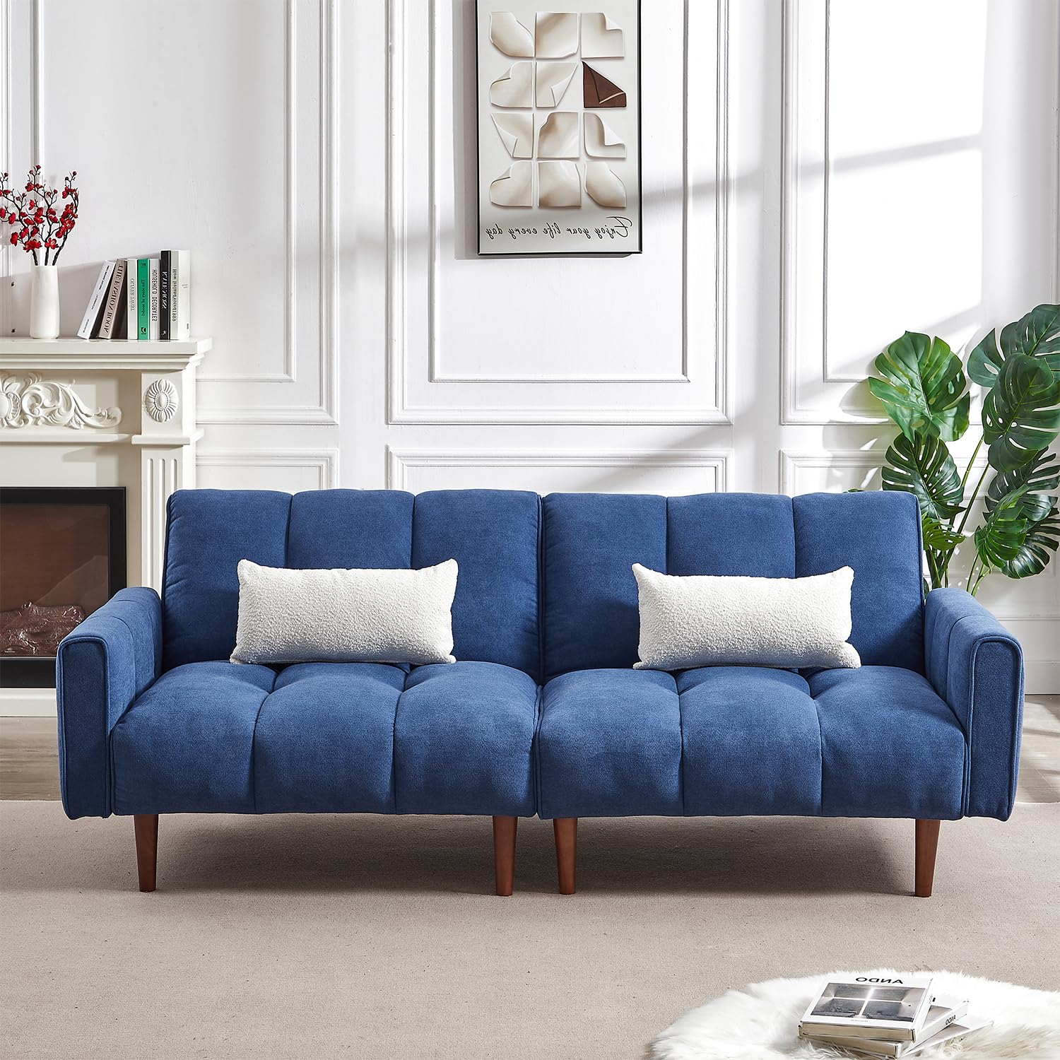 Antetek 81-inch Oversized Futon Sofa Bed - Modern Tufted Linen Fabric Convertible Sleeper Sofa Couch with 3 Adjustable Positions & 8 Wooden Legs - Blue Loveseat for Living Room, Office, Guest Room & Small Spaces