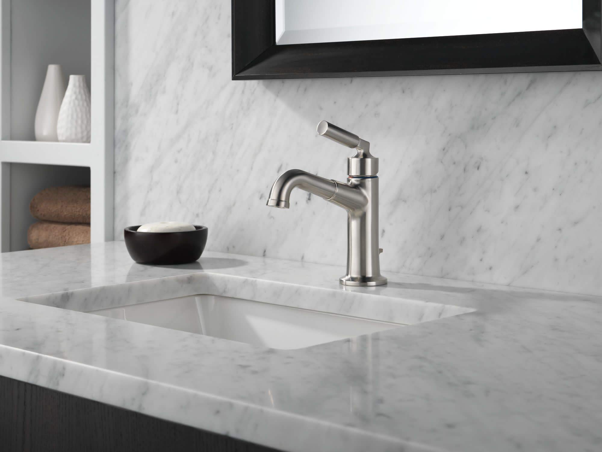 Delta 548LF-SSMPU Stainless Steel Single Hole Bathroom Sink Faucet - Modern Water-Saving Design for Vanity, Powder Room & Guest Bath Installation