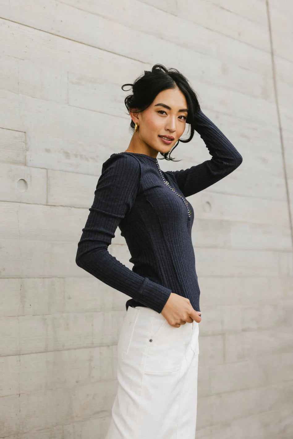 Emmilianne Ribbed Top in Navy | Women's Slim Fit Knit Shirt | Casual & Layering Essential | FINAL SALE | Perfect for Office, Date Night & Weekend Outfits