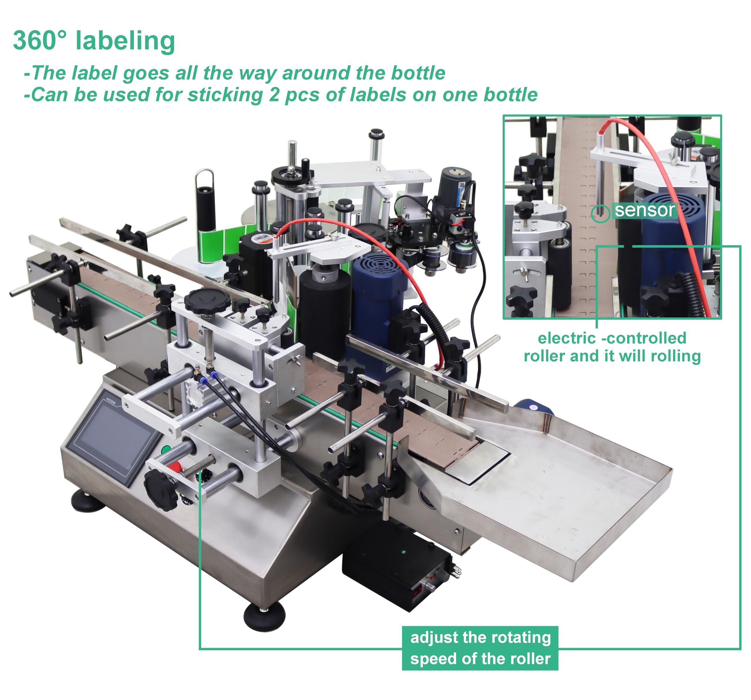 TECHTONGDA Automatic Round Bottle Labeling Machine with Printer Conveyor - 0.78-4.72inch Bottle Diameter, 360° Labeling for Beverage, Cosmetics & Pharmaceutical Packaging
