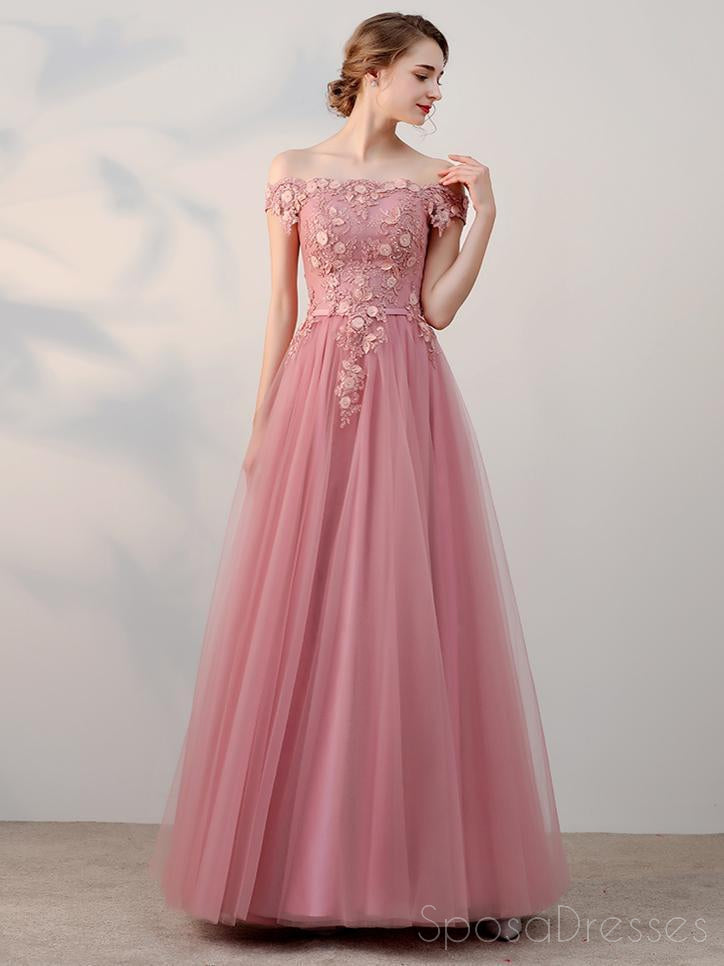 Elegant Off Shoulder Pink Tulle A-Line Long Evening Prom Dress - Formal Gown for Homecoming, Wedding, Pageant & Special Occasions
