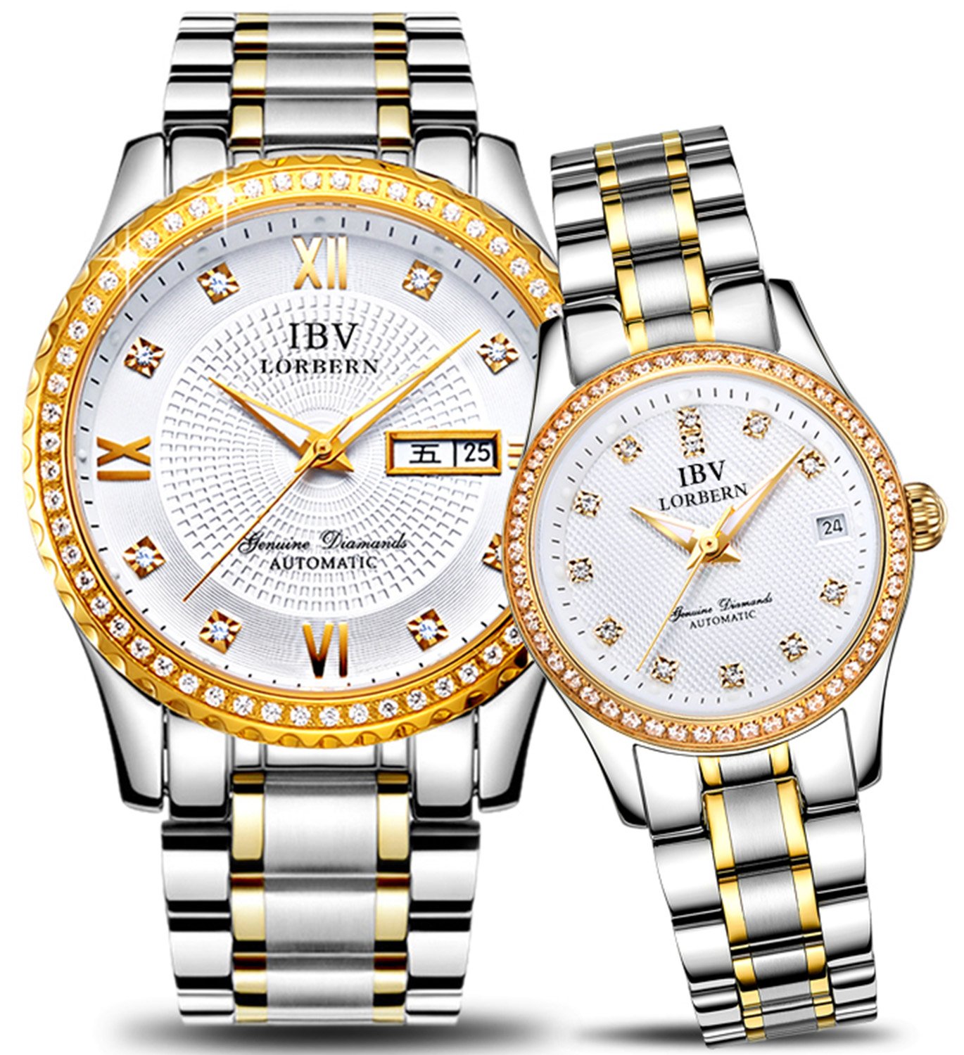 Swiss Automatic Mechanical Watch for Men & Women - Diamond-Accented Two-Tone Couple Watches | Luxury Dress & Everyday Wear for Date Nights, Anniversaries & Special Occasions
