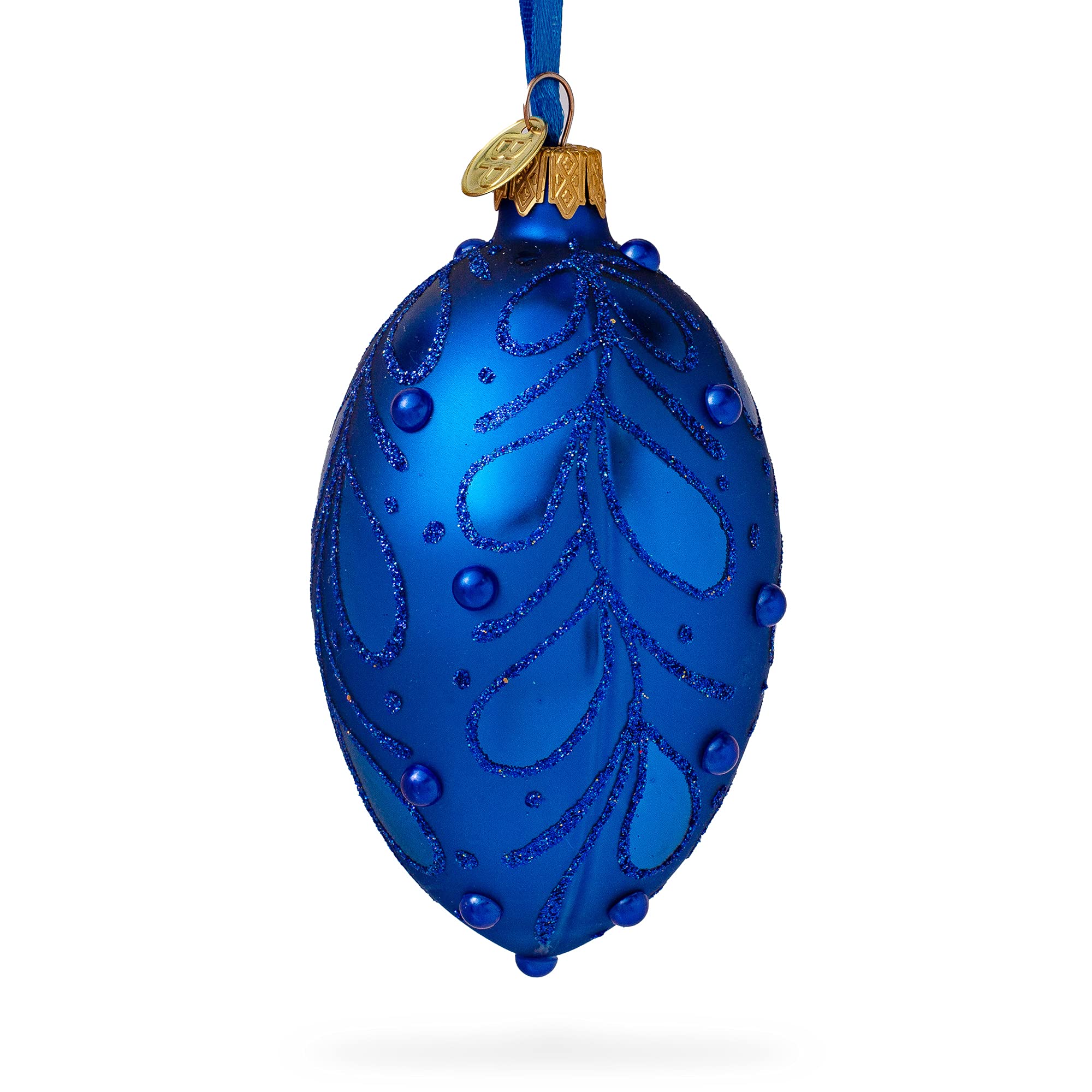 4 Inch Blue Glass Bejeweled Scroll Christmas Ornament - Elegant Holiday Tree Decoration for Xmas, Home, Party & Gift Giving