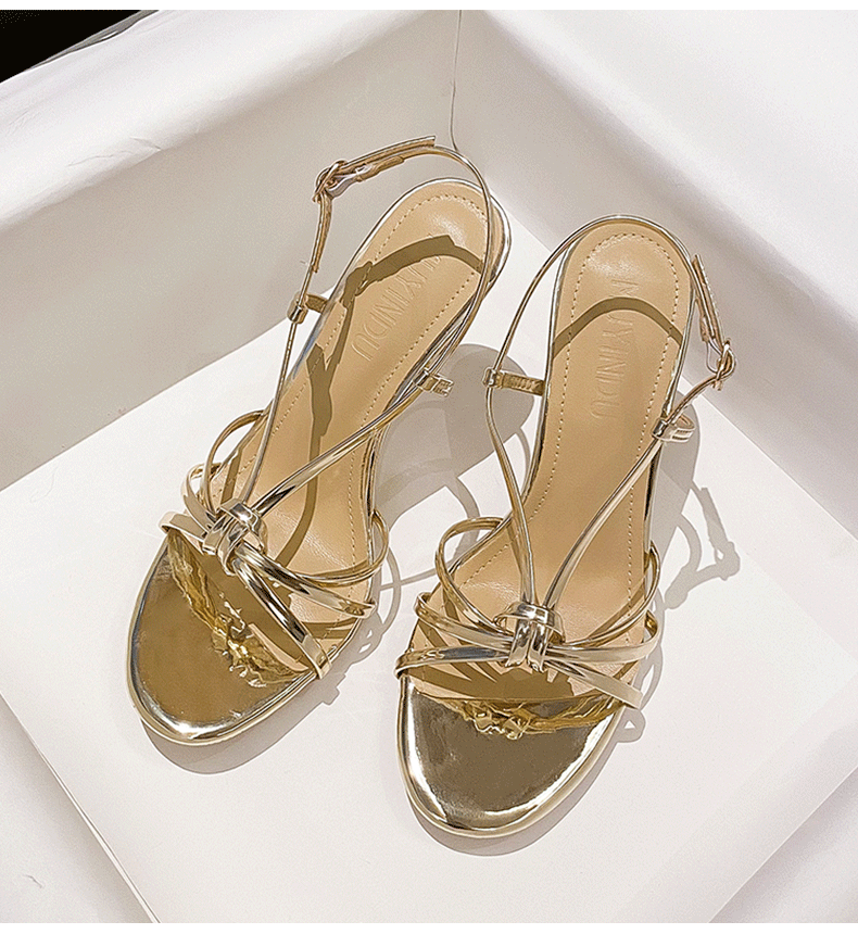 Gold Faux Leather Ankle Strap Stiletto Heel Sandals - Women's Elegant Round Toe High Heels for Parties, Weddings & Evening Events | Style #795355491225