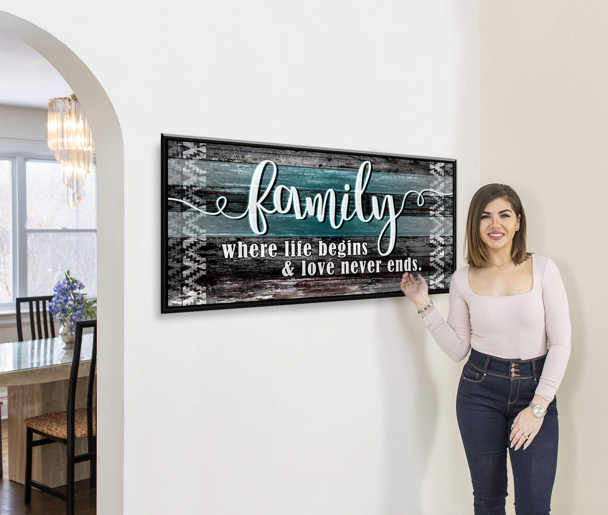 Farmhouse Family Sign Wall Decor - 'Family Where Life Begins' Rustic Hanging Art with Teal & Black Floating Frame (42x19) - Perfect for Living Room, Bedroom or Entryway Home Decor