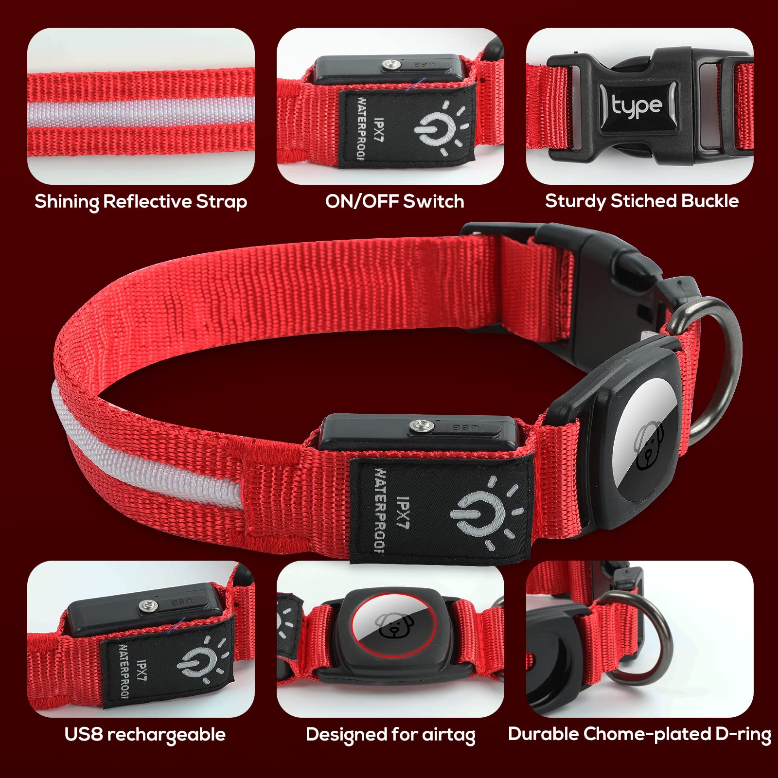 LED Air Tag Dog Collar with Light - IPX7 Waterproof & Rechargeable, Apple AirTag Holder Case for Small Medium Large Dogs - Perfect for Night Walks, Hiking & Pet Safety Tracking