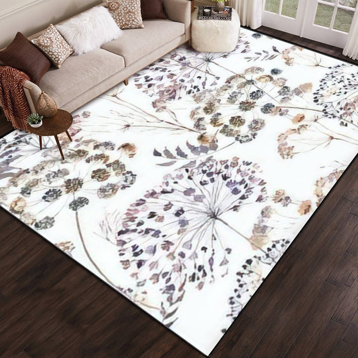 Boho Floral Watercolor Seamless Fabric - Dried Flower Repeat Pattern Non-Slip Area Rug (6x9 ft) for Living Room, Bedroom, Nursery, Outdoor Patio & Play Mat - Modern Home Decor Floor Carpet