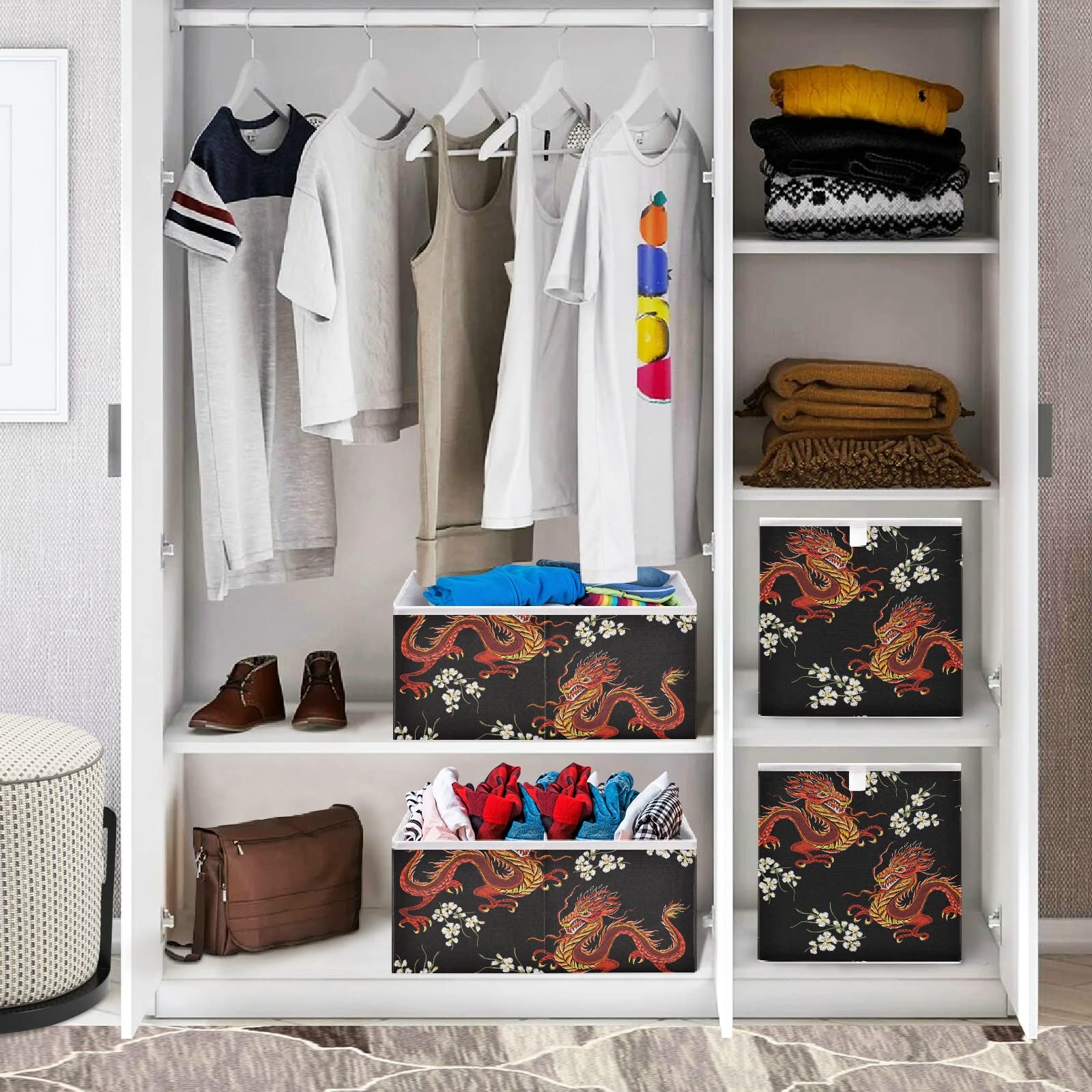 Large Collapsible Dragon Floral Storage Basket - Rectangular Storage Bin & Toy Organizer for Home, Laundry Room | Perfect for Kids' Toys, Blankets & Clothes Organization