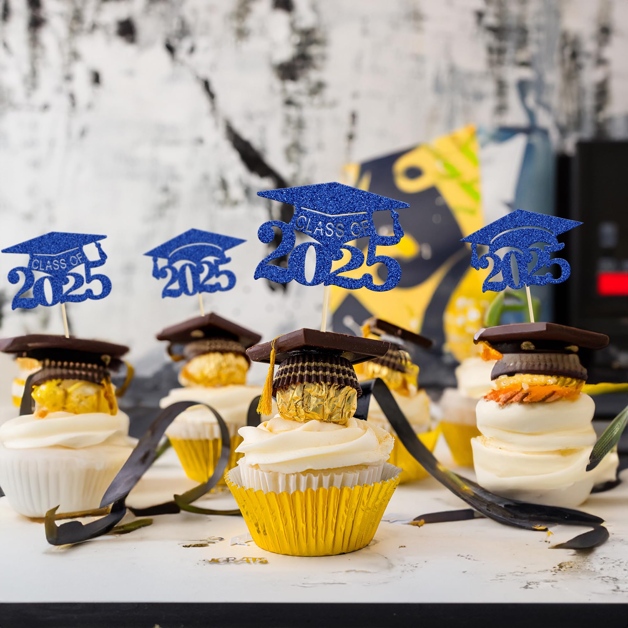 24Pcs 2025 Graduation Cap Cupcake Toppers - Glitter Class of 2025 Grad Cap Cake Decorations - Deep Blue - Perfect for Graduation Party, School Celebration & Dessert Decor