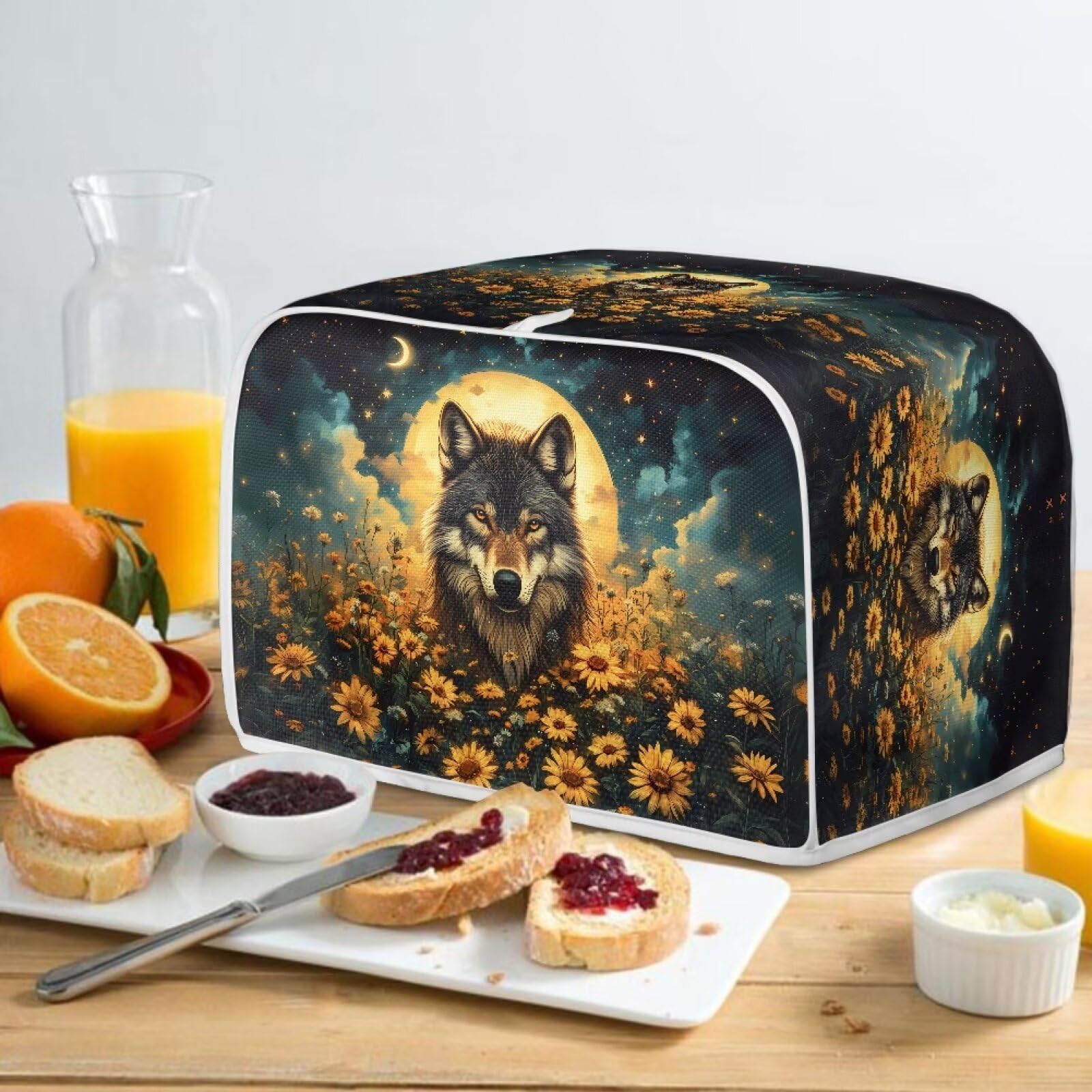 Xoenoiee Wolf Sunflower Moon Galaxy Print 4-Slice Toaster Cover, Bread Maker Cover, Small Kitchen Appliance Protector – Perfect for Toaster Ovens, Coffee Makers & Countertop Decor