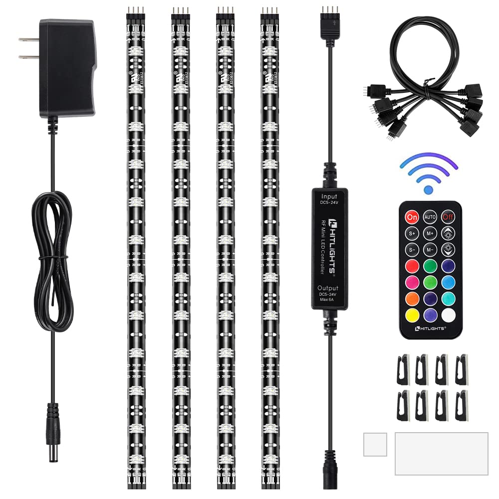 HitLights LED Strip Lights, 4 Pre-Cut Waterproof RGB Color Changing LED Light Strip Kit with Dimmable RF Remote, UL-Listed Power Supply - Perfect for TV Backlighting, Bedroom Decor, Home Accent Lighting