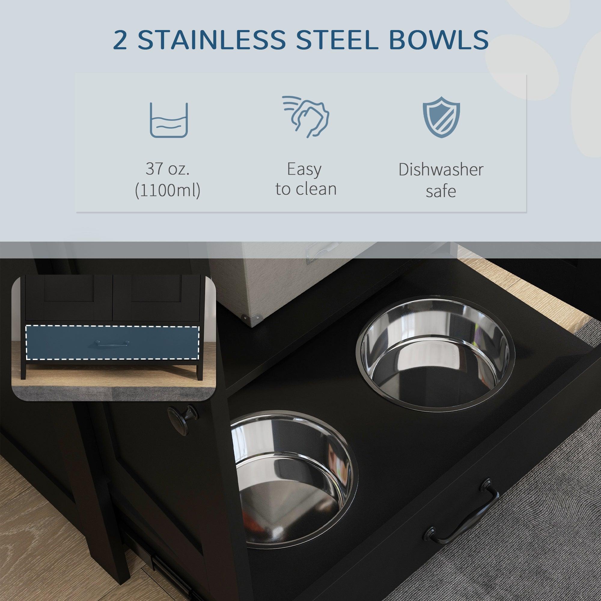 Premium Dog Feeding Station with Hidden Bowls & Adjustable Panel - Food Storage Cabinet for Medium Dogs with Hooks - Black - Perfect for Kitchen, Laundry Room or Pet Corner Organization