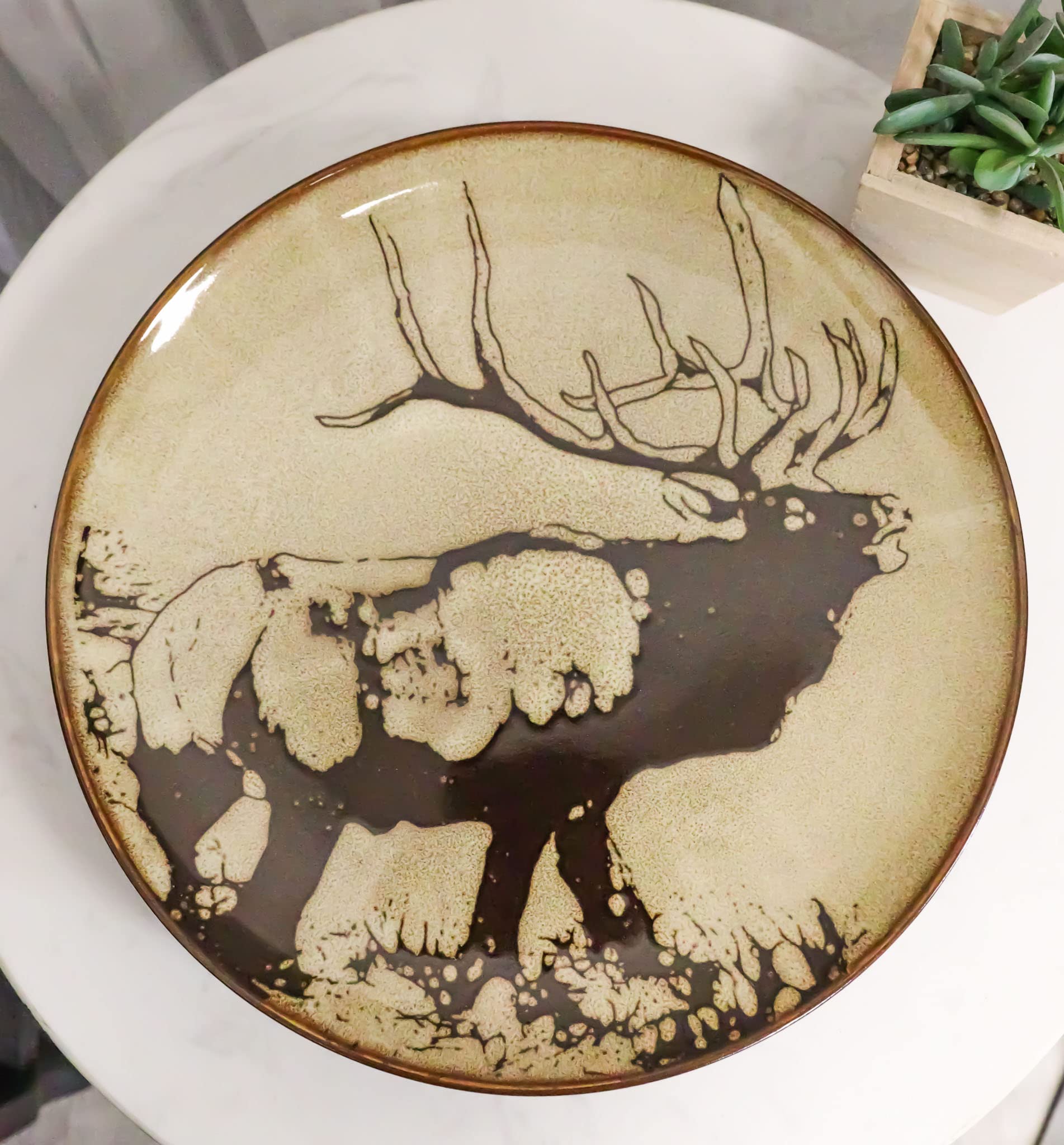 Ebros Animal Wildlife Forest Giant Emperor Bull Elk Abstract Art Large Round Dinner Plate Set of 2 (10.75