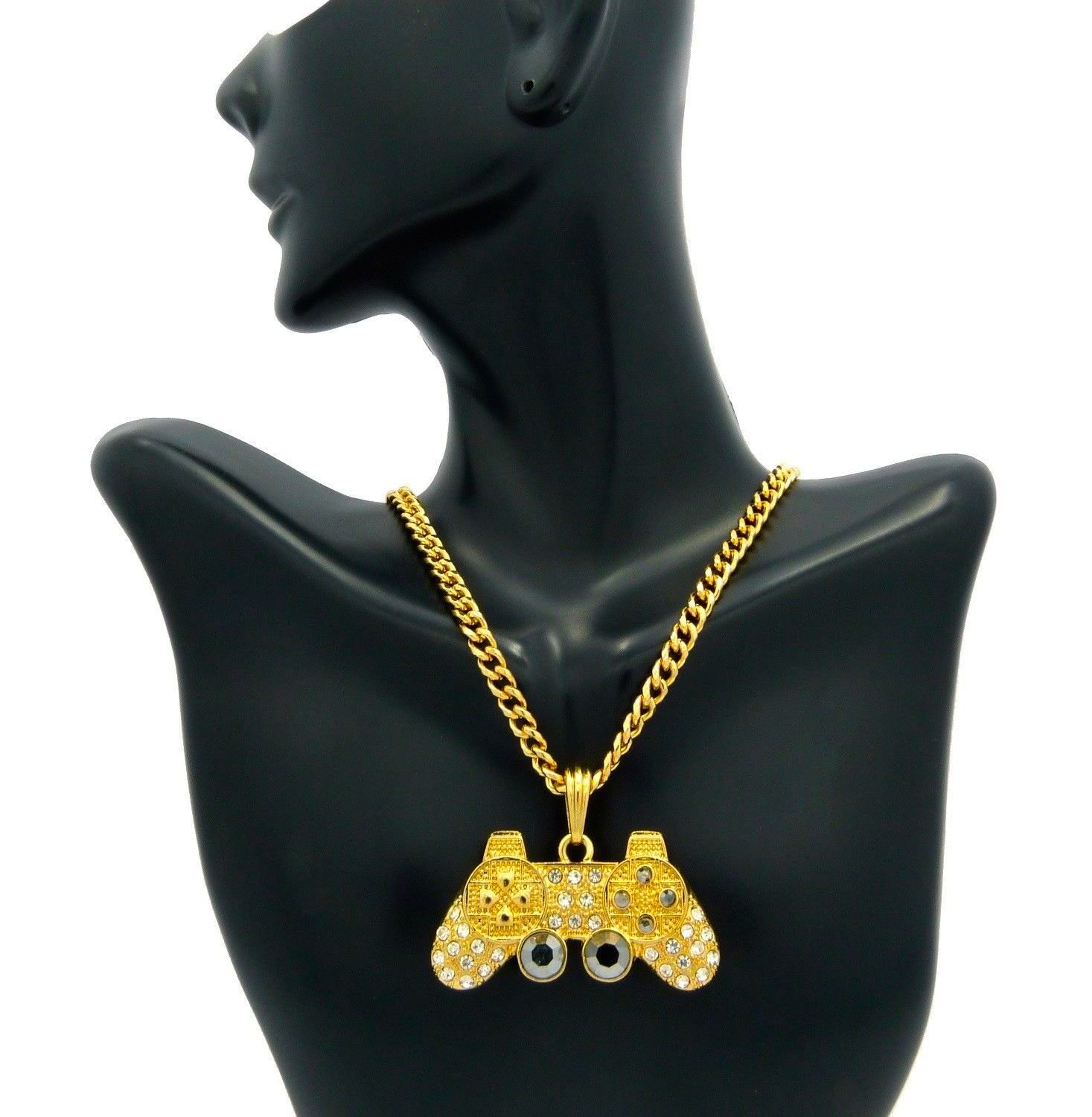 Men's Iced Out Gold PlayStation Game Controller Pendant Necklace - Cuban Chain for PS3 & PS4 - Perfect for Gaming Enthusiasts & Hip Hop Fashion Lovers