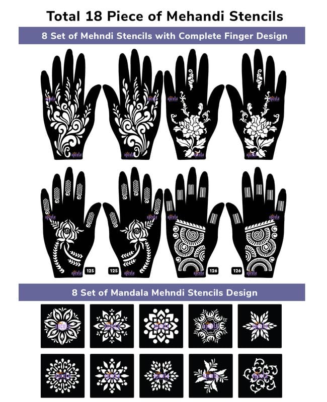 APCUTE 18-Piece Combo Pack Henna Tattoo Stencils for Women, Girls & Kids - Easy DIY Mehndi Design Stickers (18PC-25-26-125-126) - Perfect for Parties, Weddings & Festivals