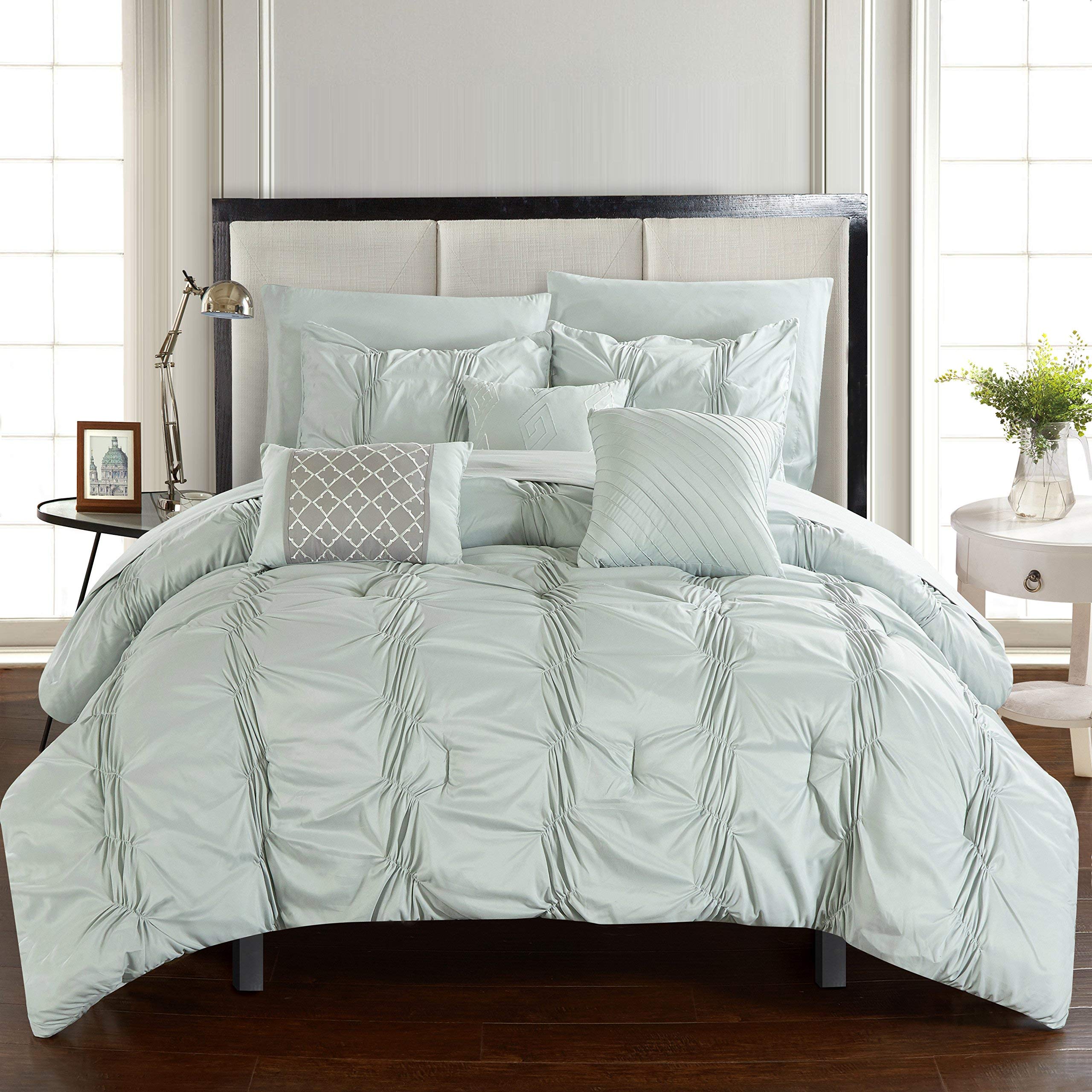 Chic Home 10-Piece King Size Tori Pinch Ruffled & Pleated Bed in a Bag Set - Comforter, Sheets & Decorative Pillows Included, Green - Perfect for Master Bedroom, Guest Room & Luxury Hotel Decor
