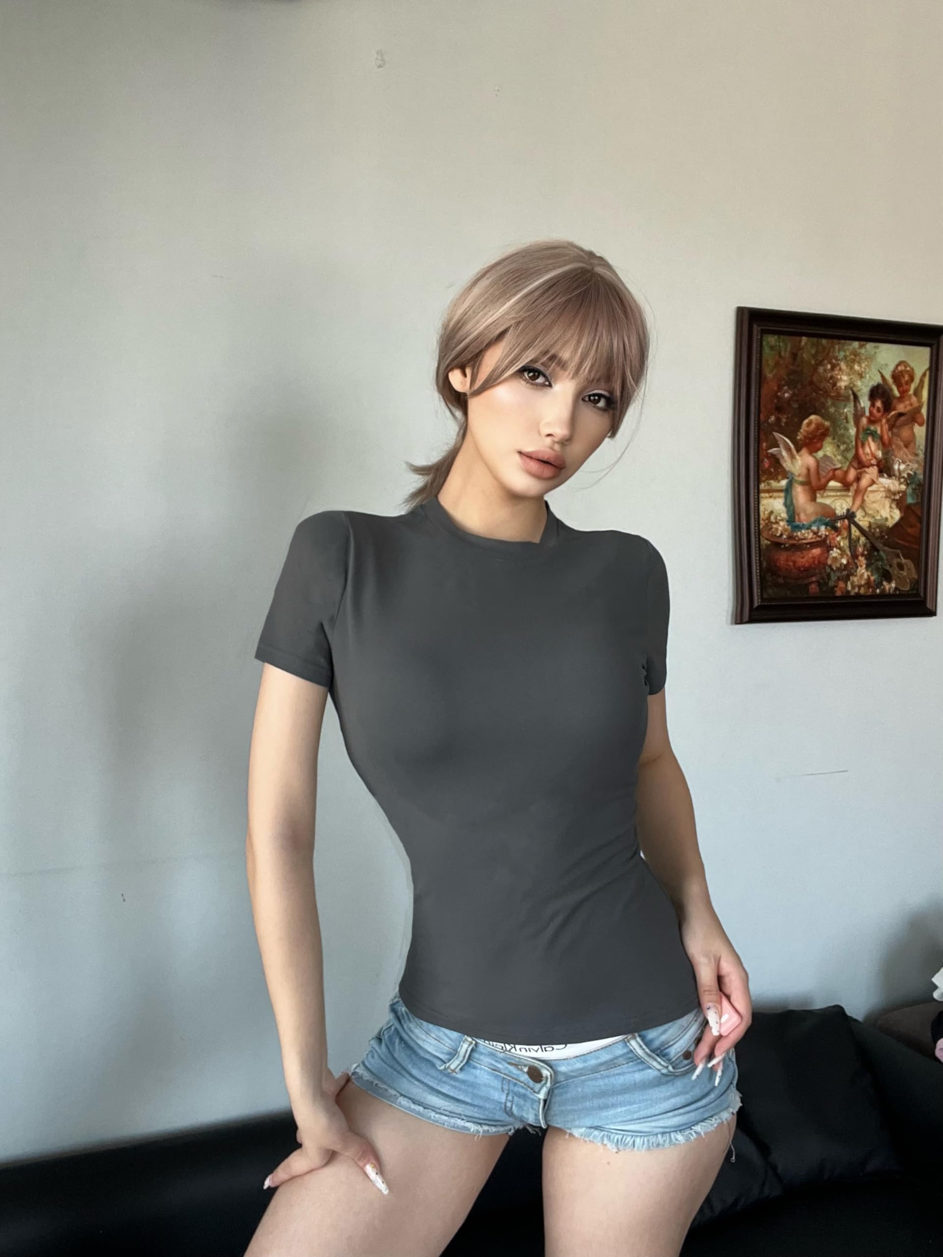 5 Pack Women's Crew Neck Ribbed Fitted T-Shirts - Basic Short Sleeve Summer Bodycon Crop Tops for Casual Wear, Going Out & Everyday Outfits