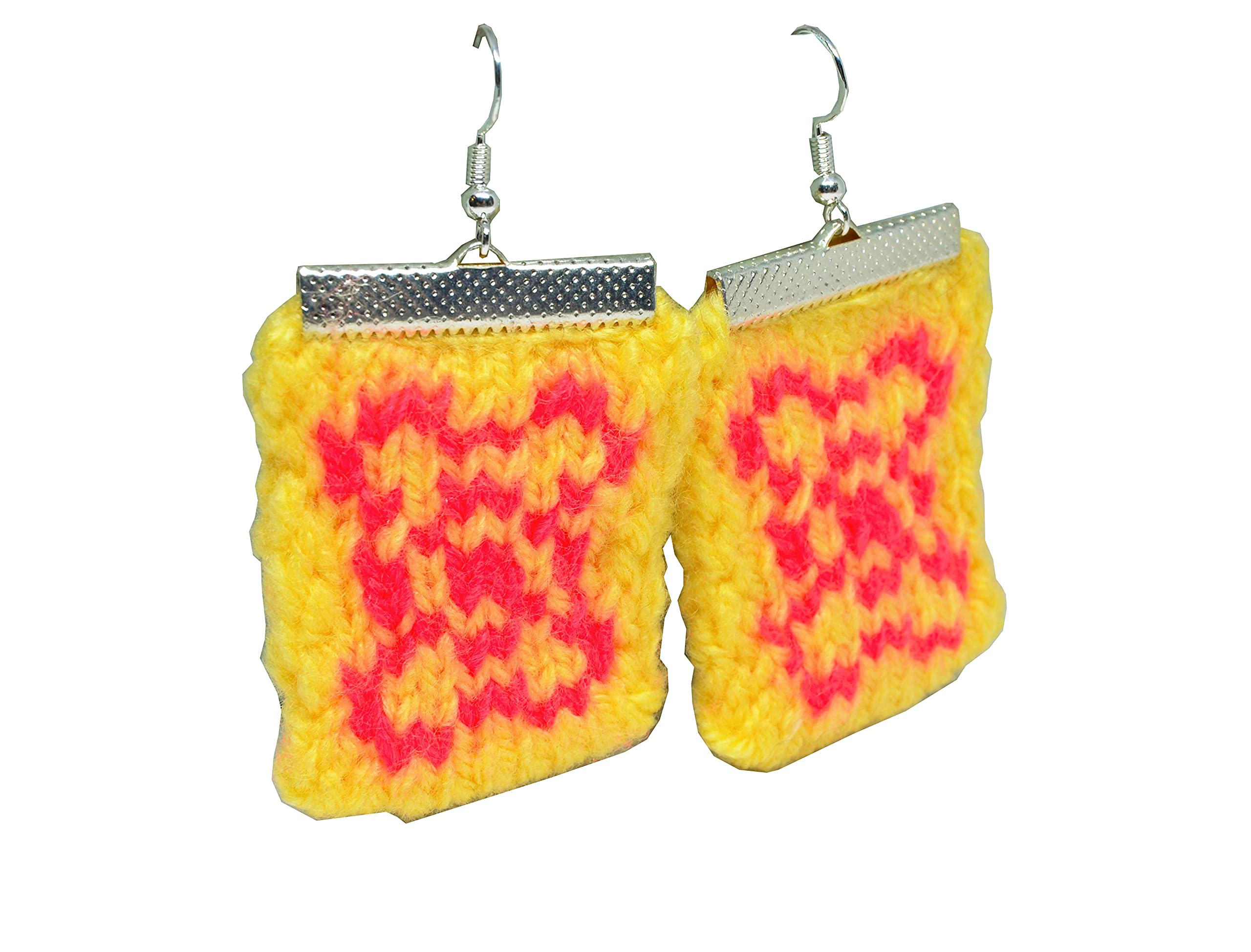 Handmade Yellow Knitted Earrings & Red Rectangle Crochet Jewelry - Unique Modern Gift for Women, Birthday, Anniversary - Perfect for Boho Fashion, Casual Wear & Special Occasions