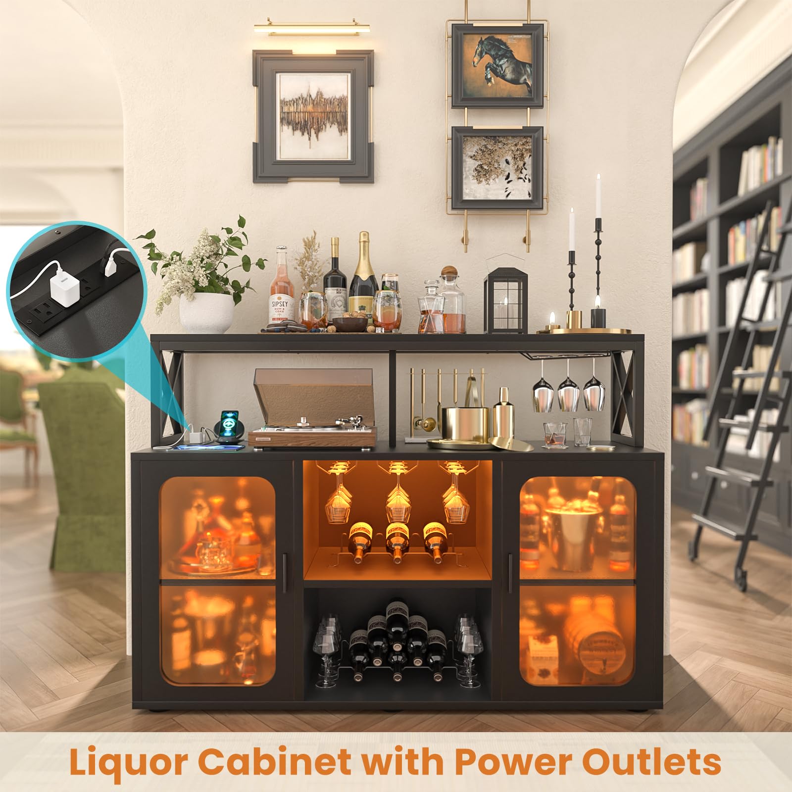 Aheaplus Modern Bar Cabinet with Power Outlets & LED Lights - Wine Storage Cabinet with Glass Holder, Adjustable Shelves & Built-in Racks - Black Buffet Cabinet for Home Bar, Dining Room or Kitchen