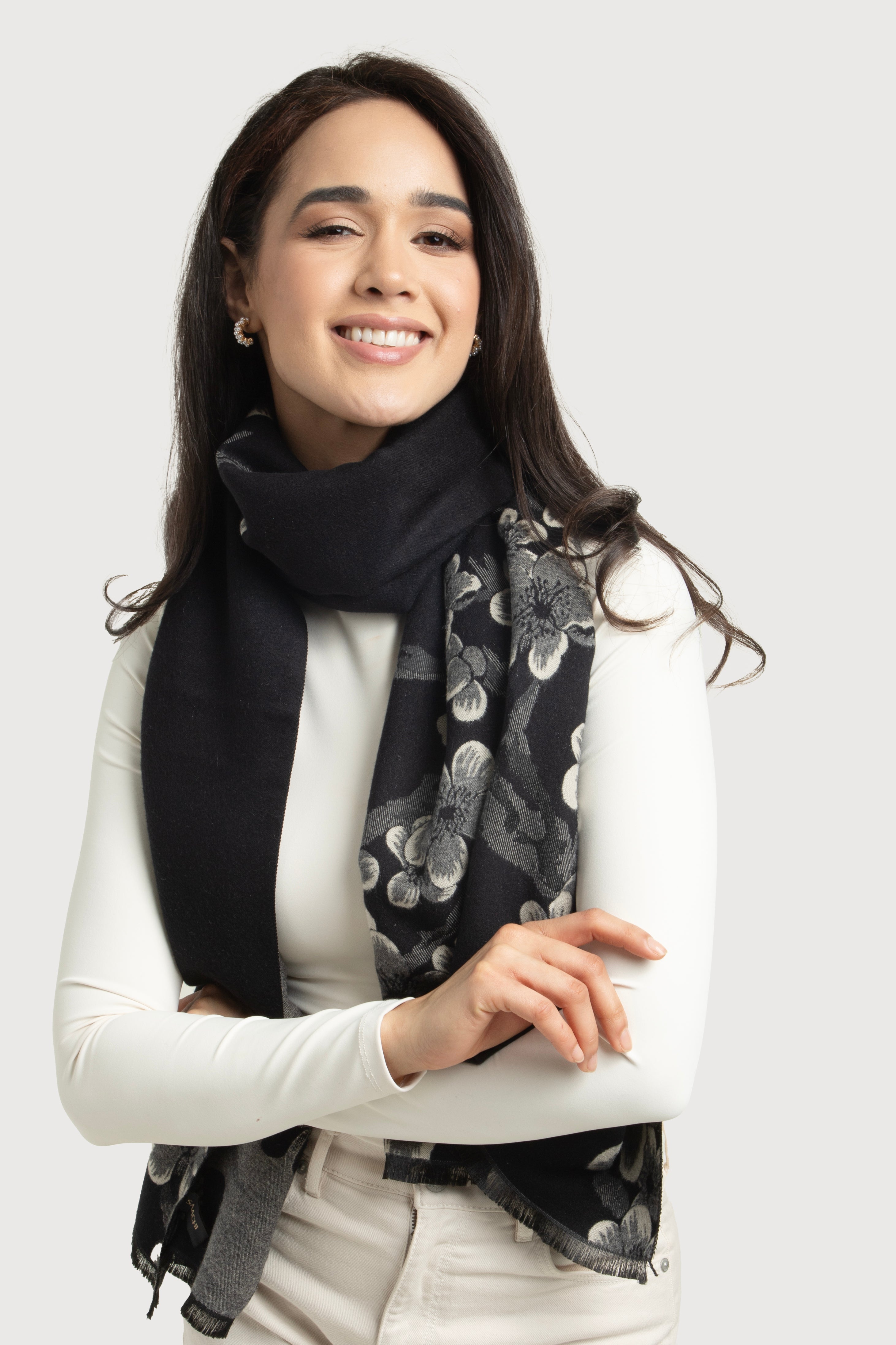 Two-Tone Floral Reversible Scarf - Soft Lightweight Womens Fashion Accessory for Spring & Fall Outfits, Travel and Office Wear