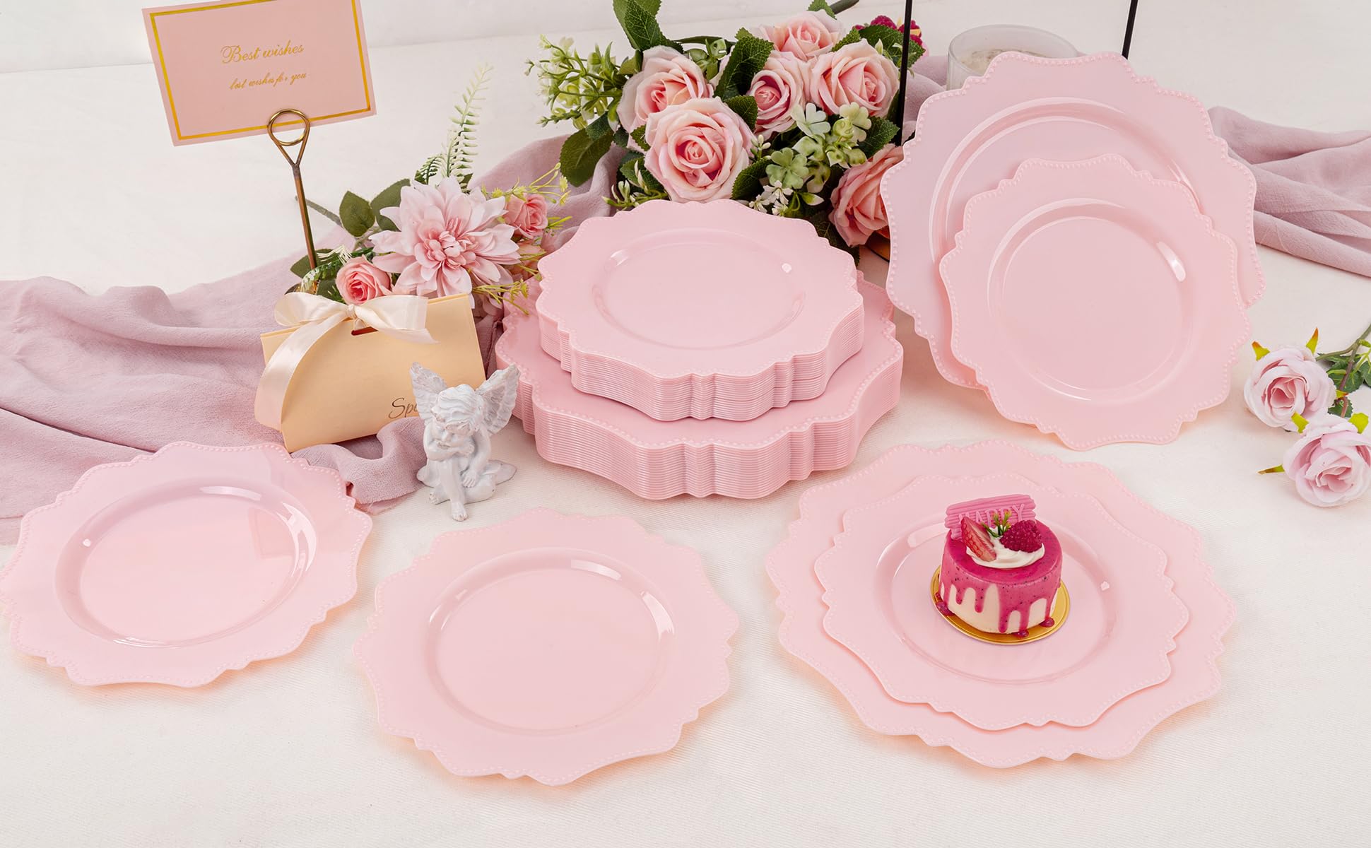 COLOSUS 60-Pack Pink Plastic Plates for Wedding, Birthday & Easter Parties - Dinner & Dessert Use