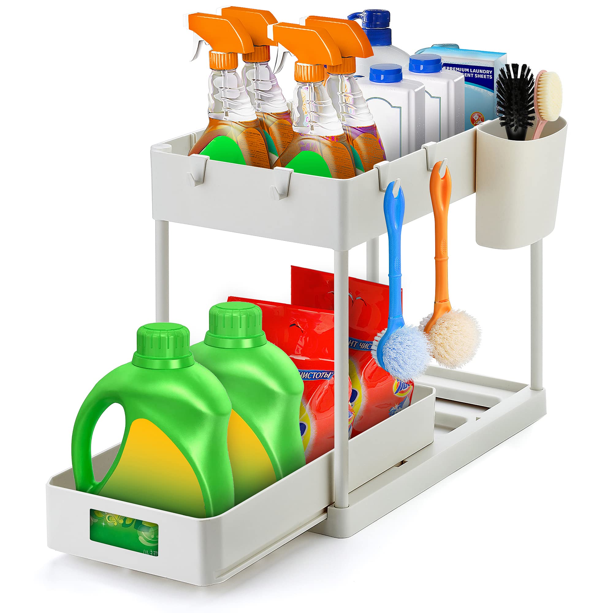 Ravinte 2-Tier Pull Out Under Sink Organizer with Hooks & Hanging Cup - White Sliding Cabinet Storage for Bathroom & Kitchen - Perfect for Maximizing Space Under Sink, Organizing Cleaning Supplies & Beauty Products