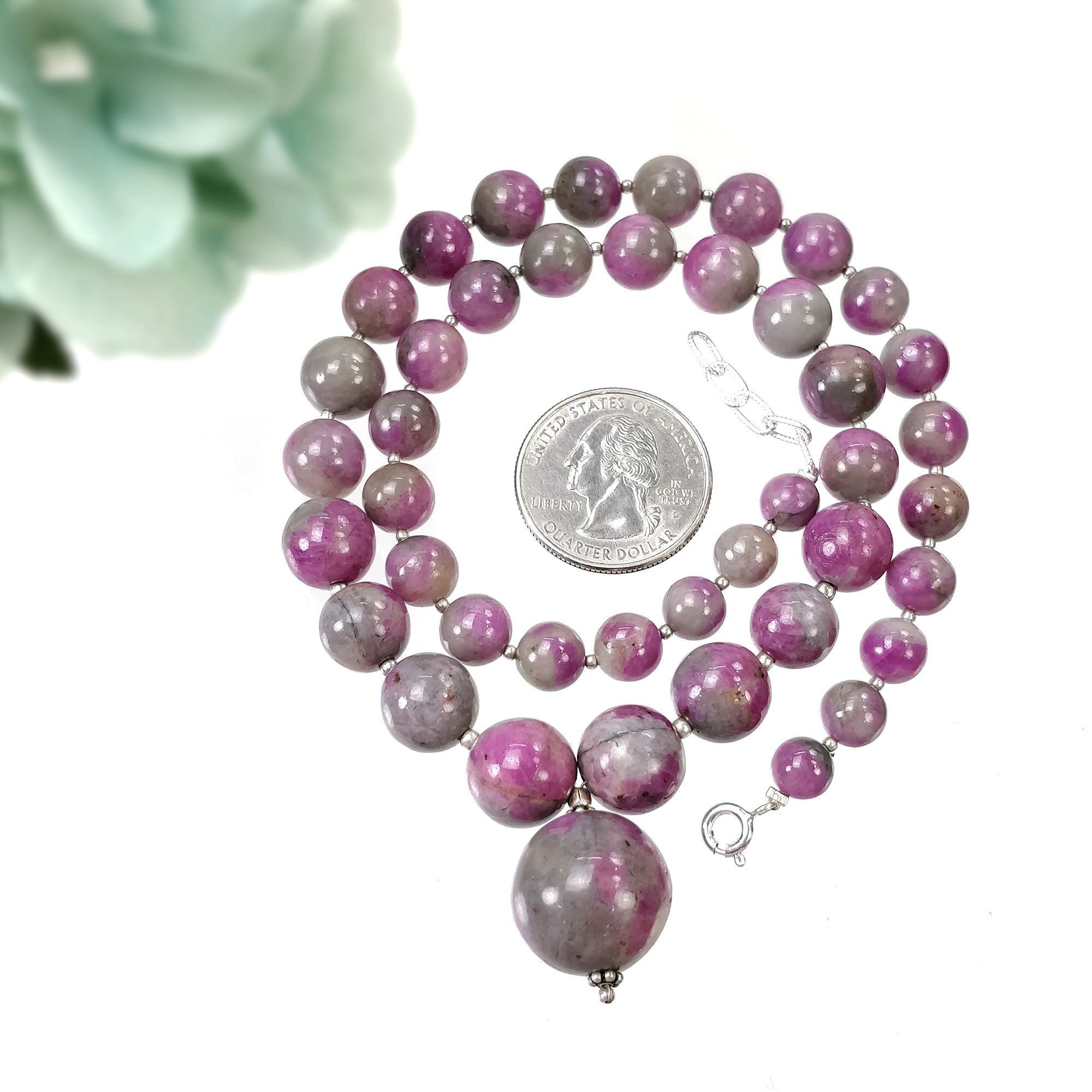 Natural Untreated Bi-Color Zoisite Ruby Gemstone Necklace - 334.15cts Genuine Ruby Balls with 925 Sterling Silver (7mm, 17mm, 18mm) | Elegant Jewelry for Women, Perfect Gift for Birthday, Anniversary & Special Occasions