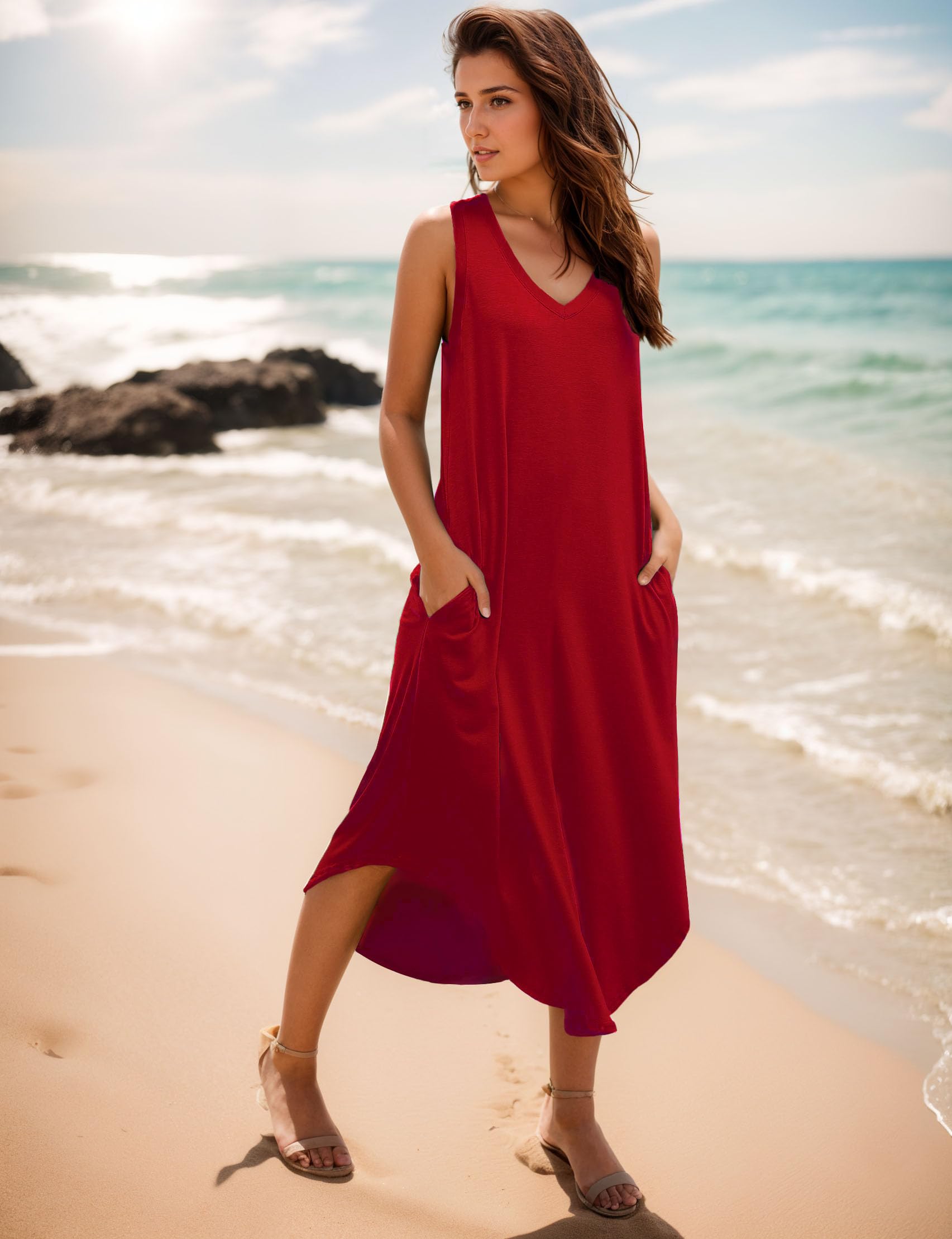 Women's Summer Maxi Dress - Casual Sleeveless V-Neck Loose Sundress with Pockets | Beach Cover Up, Vacation Outfit, Boho Chic Fashion
