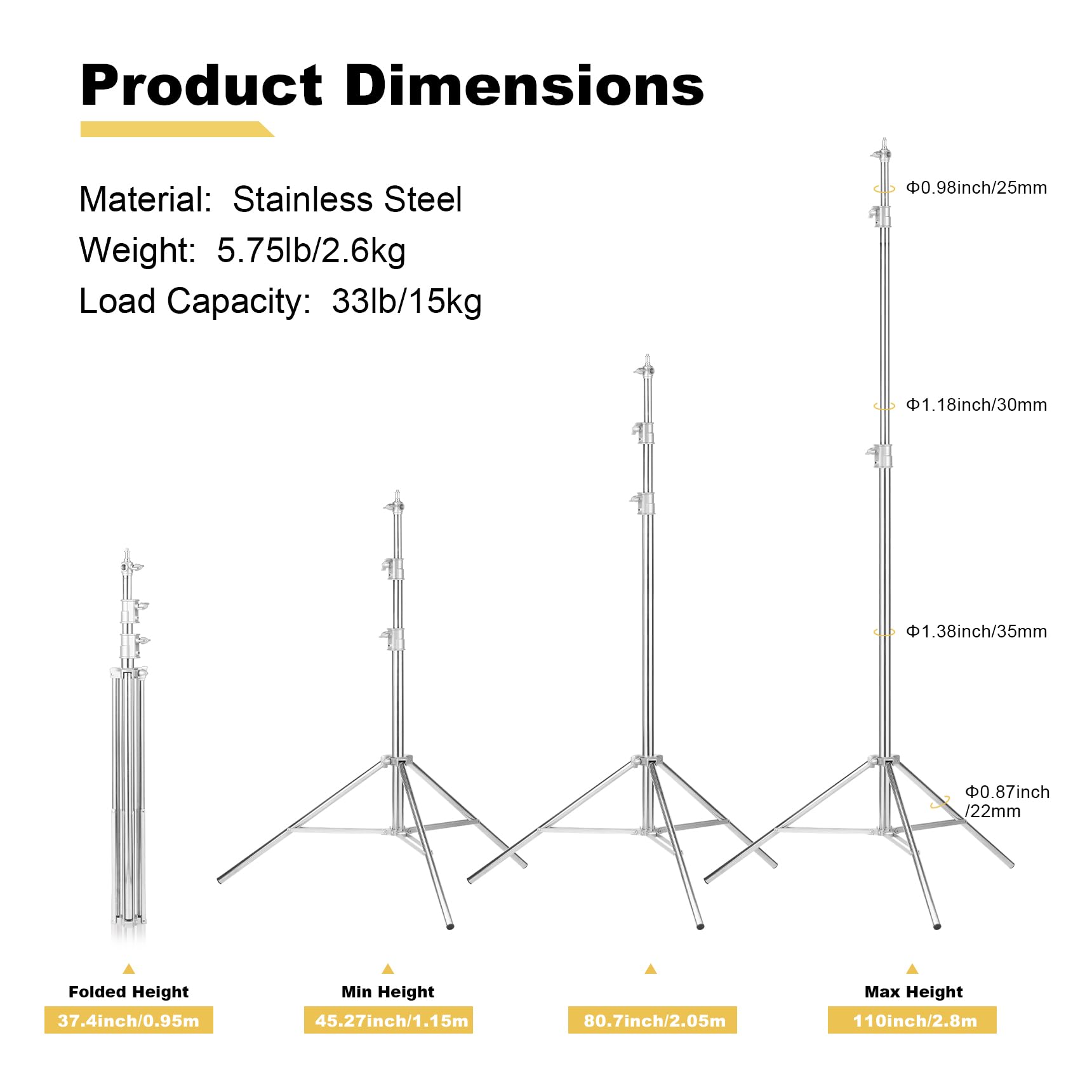 Heavy Duty 9.18ft/2.8m Stainless Steel Light Stand for Photography - Professional Studio Light Stand for Head Light, Strobe Light, Softbox, Perfect for Portrait, Product, and Event Photography