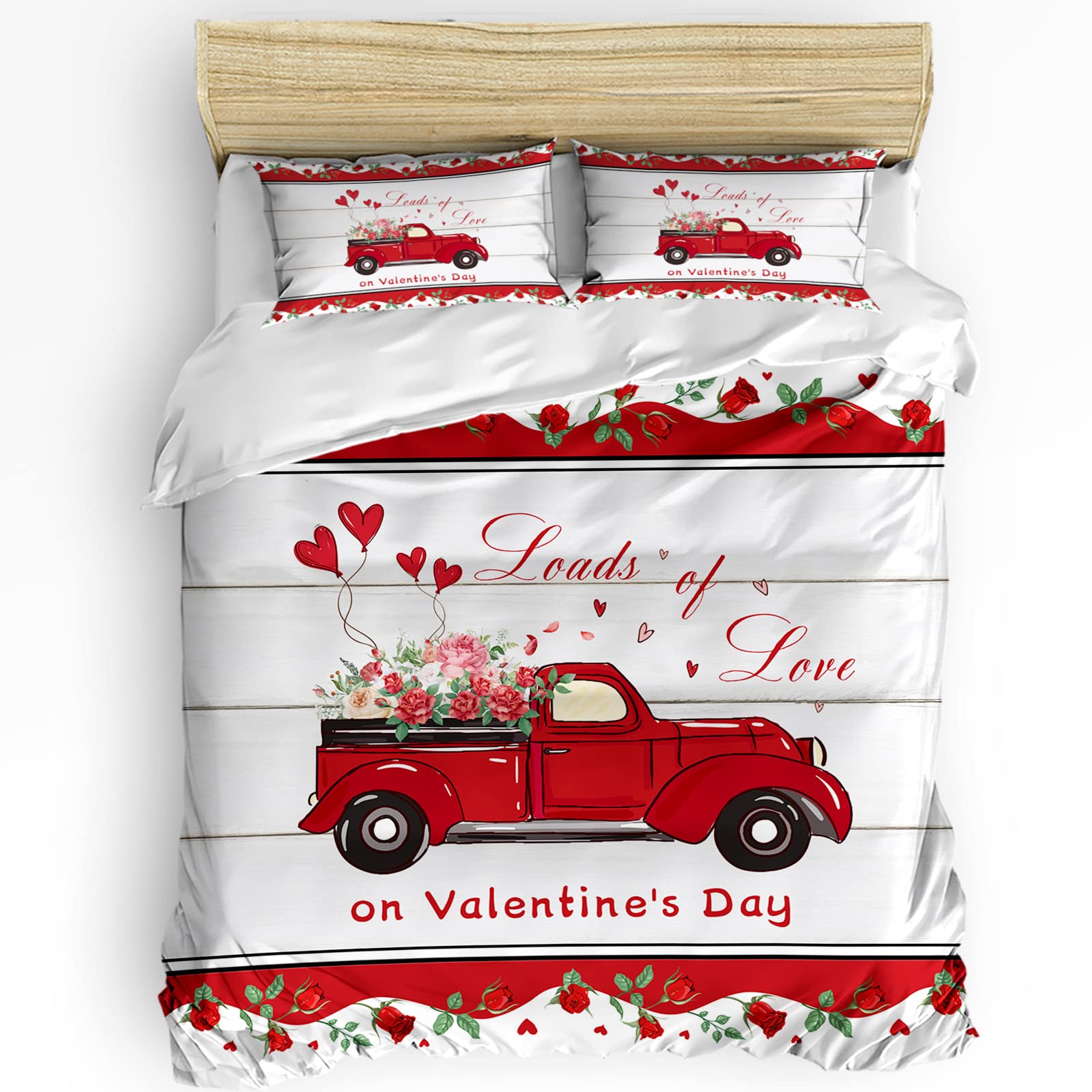 3-Piece Rose Truck Duvet Cover Set Twin Size - Valentine's Day Themed Bedding with 2 Pillowcases for Kids, Teens & Adults - Heart Balloon Design - Perfect for Valentine's Gifts, Kids' Room Decor & Cozy Bedroom Makeovers