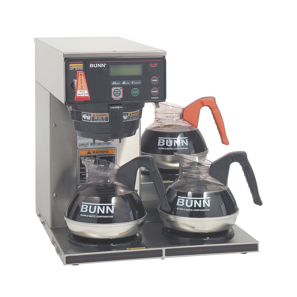 BUNN Axiom DV-3 Commercial Coffee Maker - 12 Cup Dual Voltage Automatic Brewer with 3 Lower Warmers, 7.5 Gallon Capacity, Grey (Model 38700.0009) - Perfect for Offices, Restaurants, and High-Volume Coffee Service