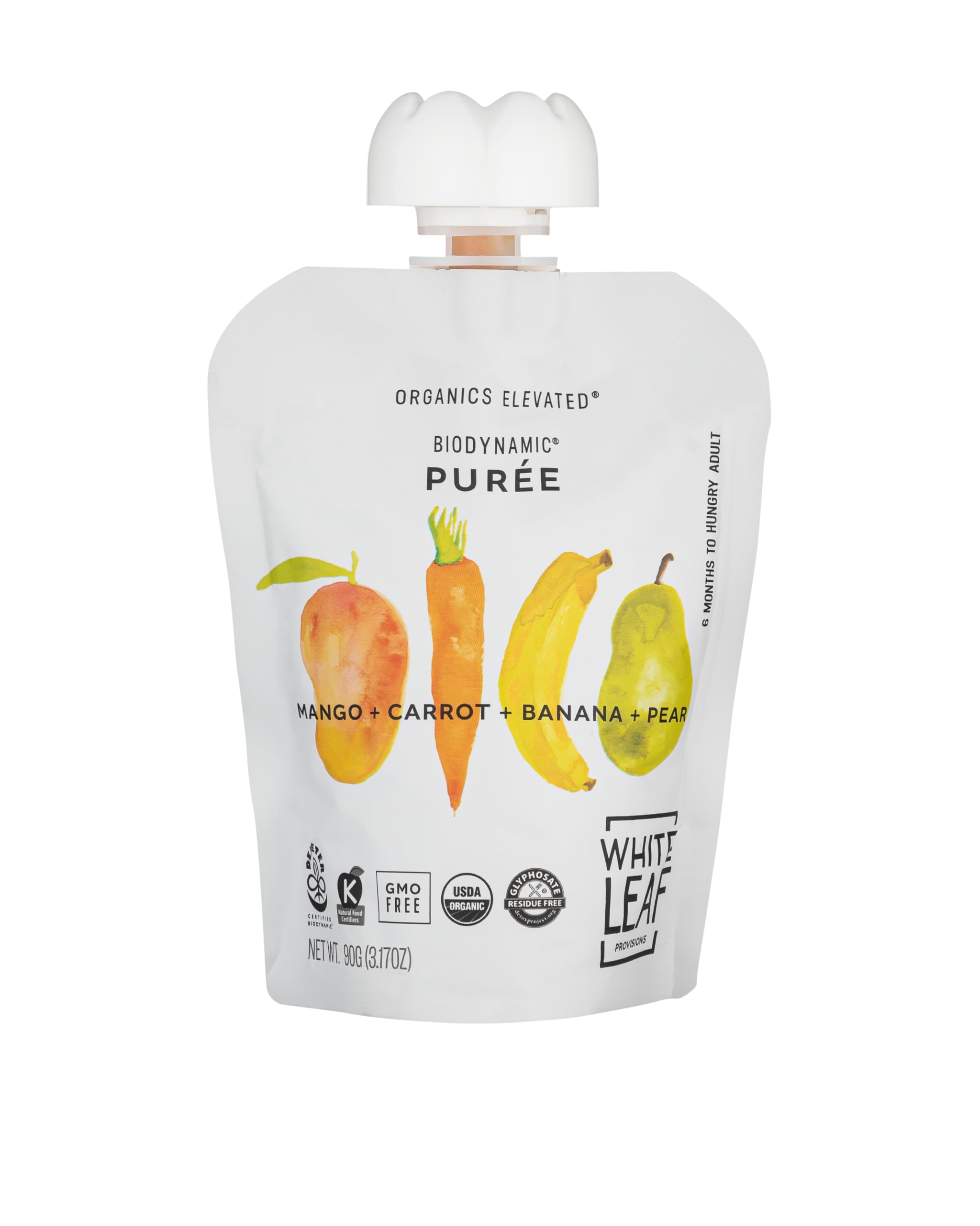 Organic Baby Food Pouches by White Leaf Provisions - USDA Certified, Non-GMO, BPA Free Squeezable Toddler Snacks - 24 Pack (90g Each, Mango Carrot Banana Pear) - Healthy On-the-Go Meals for Babies & Toddlers