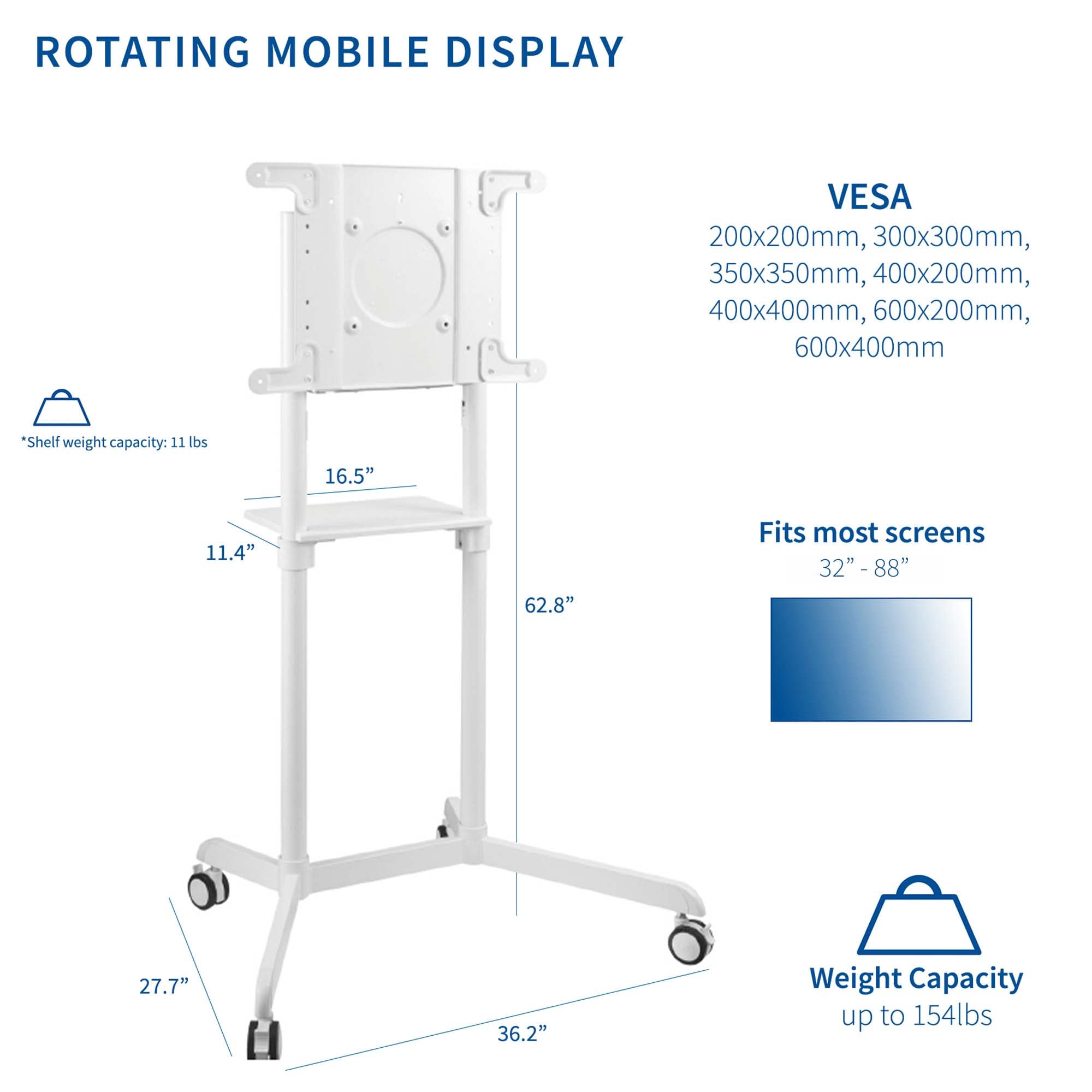 Premium TV Cart Stand for 32-88 Inch Screens up to 154 lbs - Universal Mobile TV Mount for Samsung Digital Flipchart, Microsoft Surface Hub 2S - Adjustable Portrait/Landscape with Shelf & Wheels - Max VESA 600x400 - White (STAND-TV02PW) - Perfect for Conference Rooms, Classrooms & Home Theaters