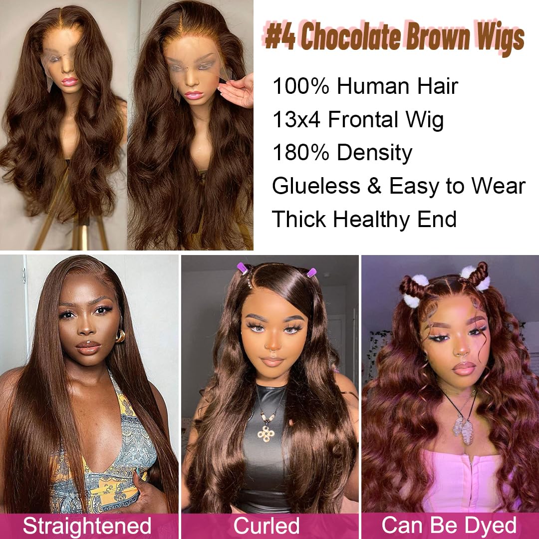 Chocolate Brown 13x4 Lace Front Wig Human Hair - 180% Density Body Wave Glueless Wig for Women, Pre Plucked with Baby Hair, 28 Inch - Perfect for Daily Wear, Cosplay, and Special Occasions