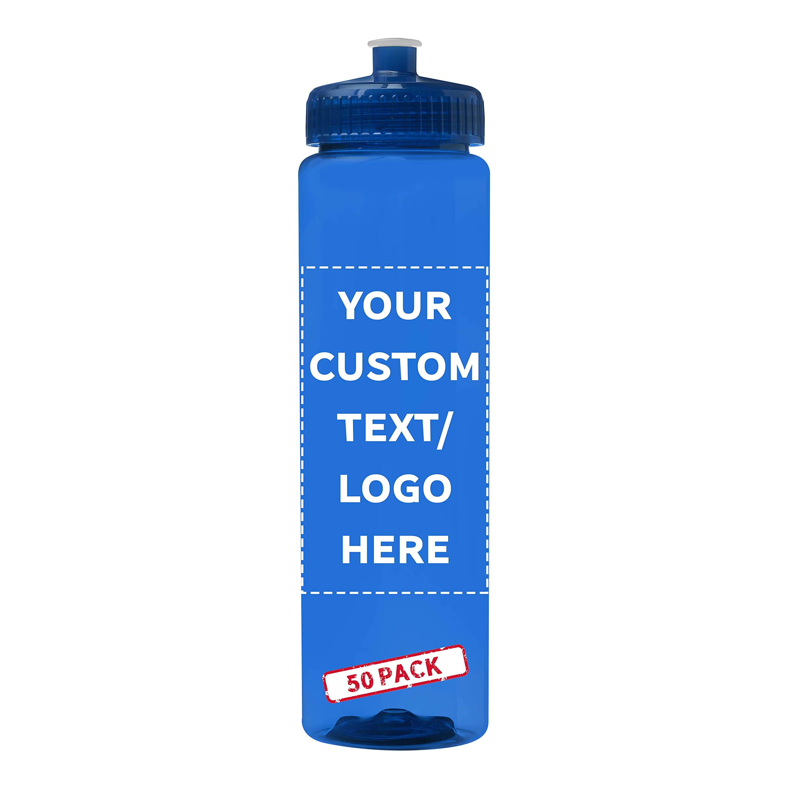50 Pack 32oz Clear Plastic Water Bottles with Push-Pull Lids - Customizable Text & Logo - Durable, Leak-Proof, Reusable - Transparent Blue - Perfect for Sports, Gym, Office, and Outdoor Activities